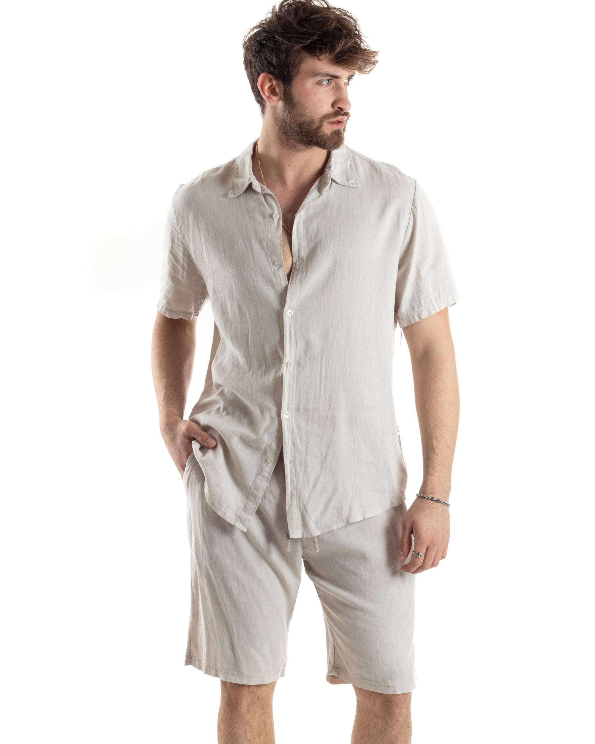 Completo Set Coordinato Uomo Outfit Lino Camicia Maniche Corte Bermuda Pantalaccio Tinta Unita Beige GIOSAL-OU2455A