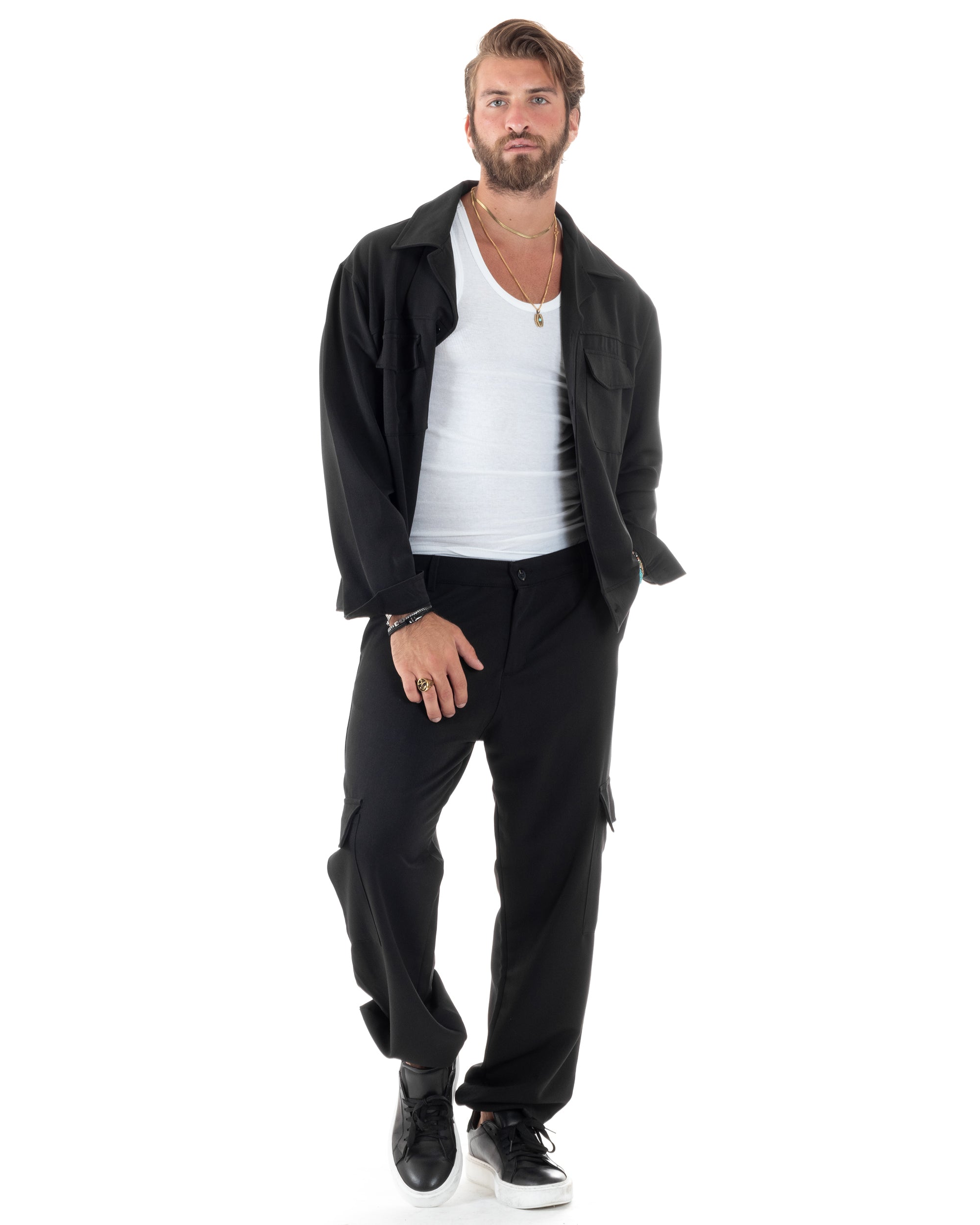 Completo Set Coordinato Uomo Viscosa Camicia Cropped Boxy Fit Pantaloni Baggy Cargo Fondo Largo Nero GIOSAL-OU2470A