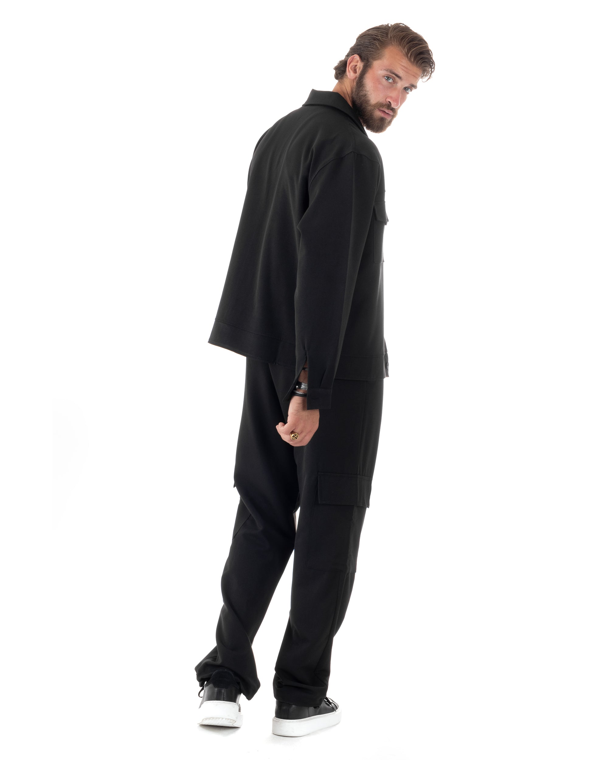 Completo Set Coordinato Uomo Viscosa Camicia Cropped Boxy Fit Pantaloni Baggy Cargo Fondo Largo Nero GIOSAL-OU2470A