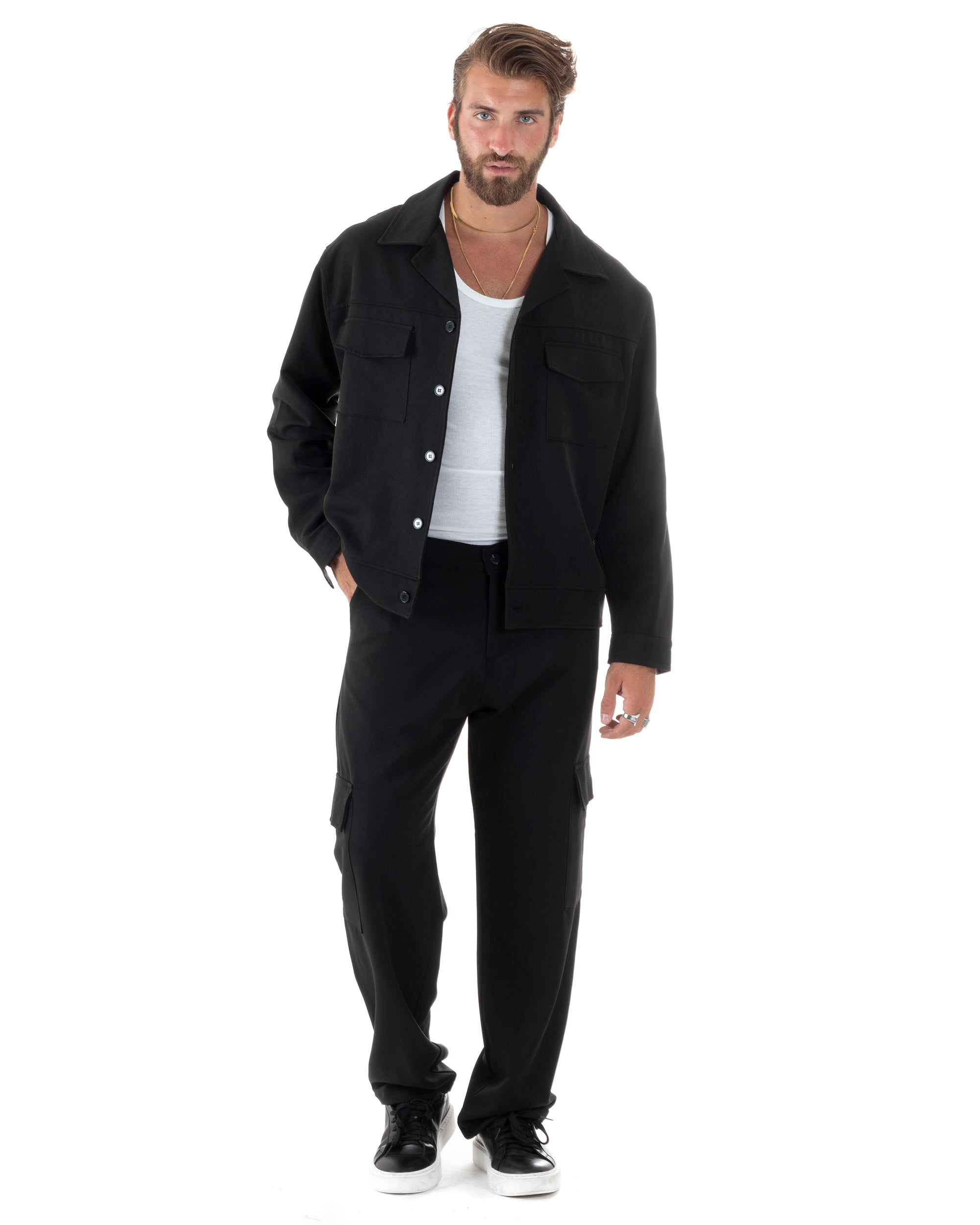 Completo Set Coordinato Uomo Viscosa Camicia Cropped Boxy Fit Pantaloni Baggy Cargo Fondo Largo Nero GIOSAL-OU2470A