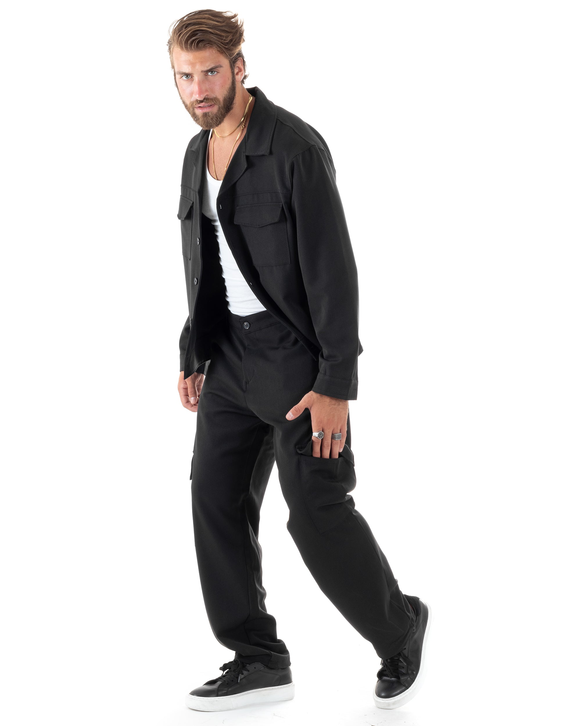 Completo Set Coordinato Uomo Viscosa Camicia Cropped Boxy Fit Pantaloni Baggy Cargo Fondo Largo Nero GIOSAL-OU2470A