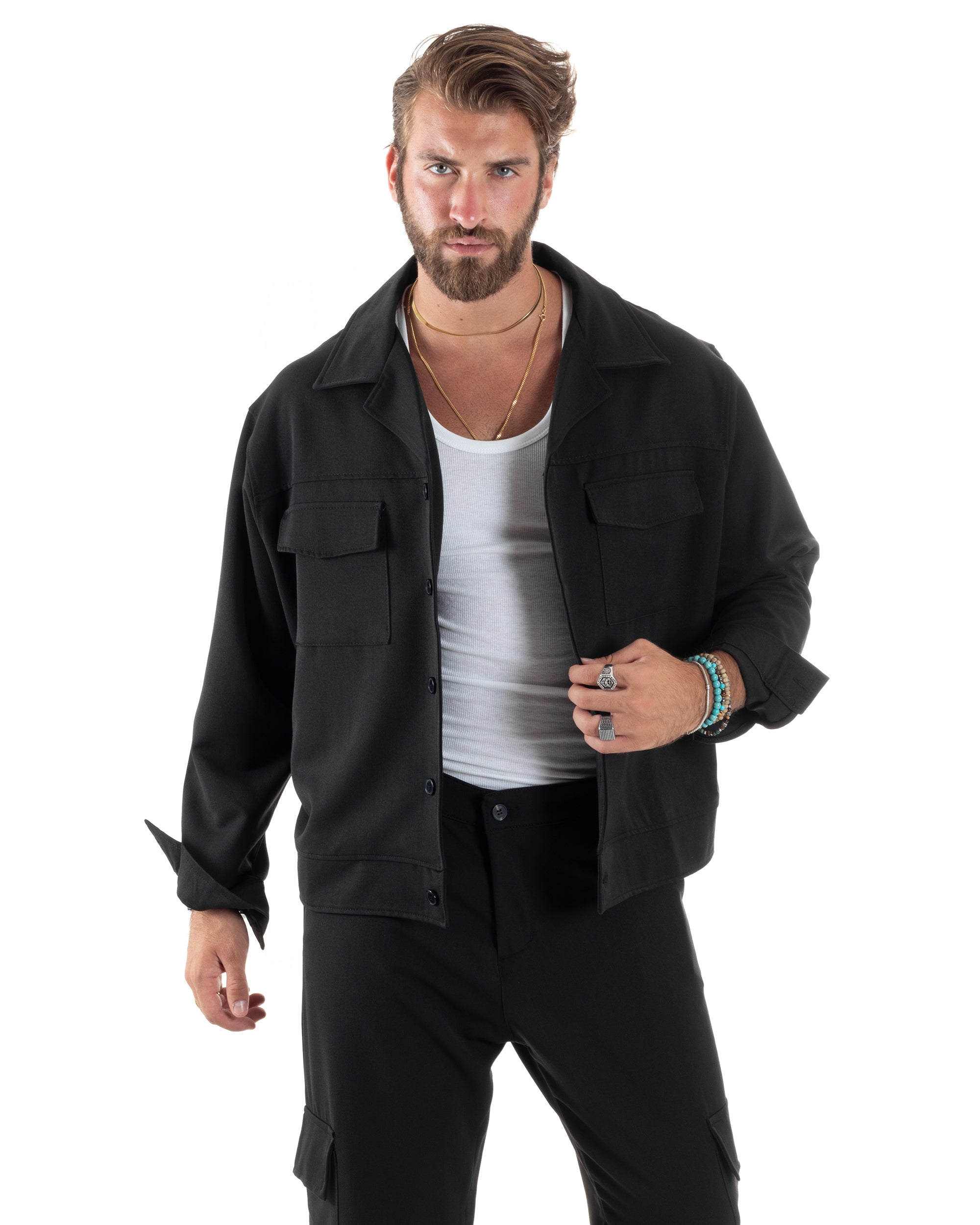 Completo Set Coordinato Uomo Viscosa Camicia Cropped Boxy Fit Pantaloni Baggy Cargo Fondo Largo Nero GIOSAL-OU2470A