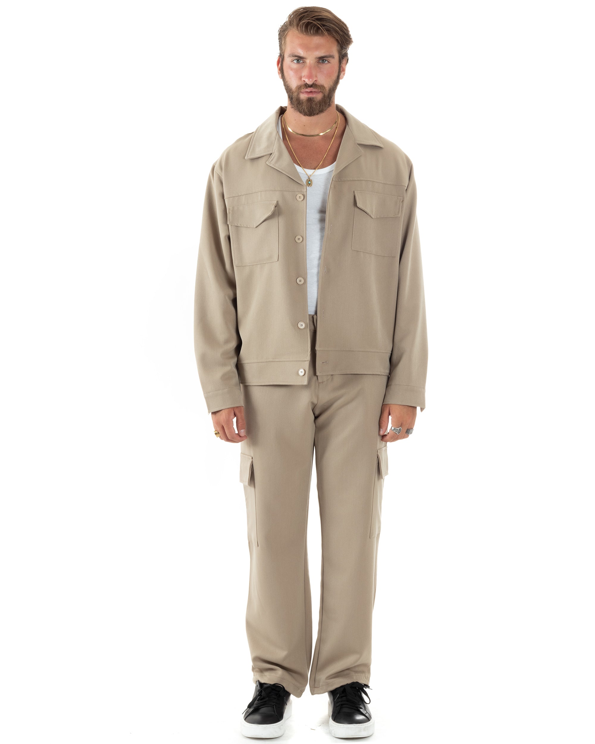 Completo Set Coordinato Uomo Viscosa Camicia Cropped Boxy Fit Pantaloni Baggy Cargo Fondo Largo Beige GIOSAL-OU2471A