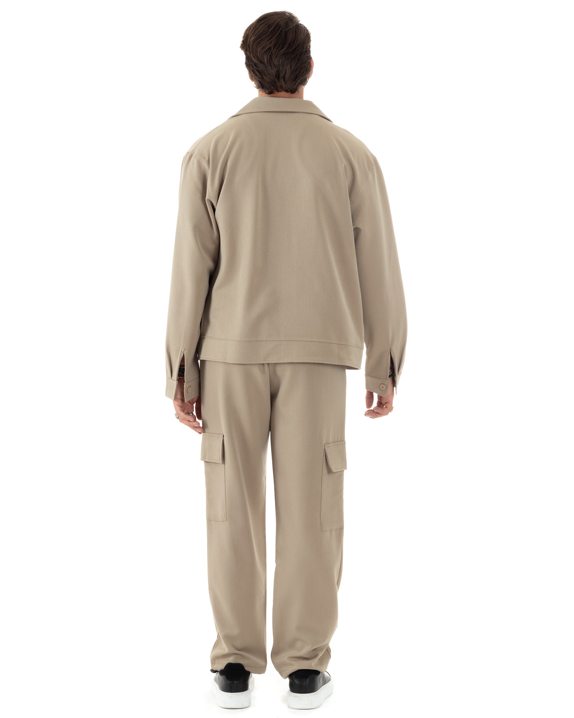 Completo Set Coordinato Uomo Viscosa Camicia Cropped Boxy Fit Pantaloni Baggy Cargo Fondo Largo Beige GIOSAL-OU2471A