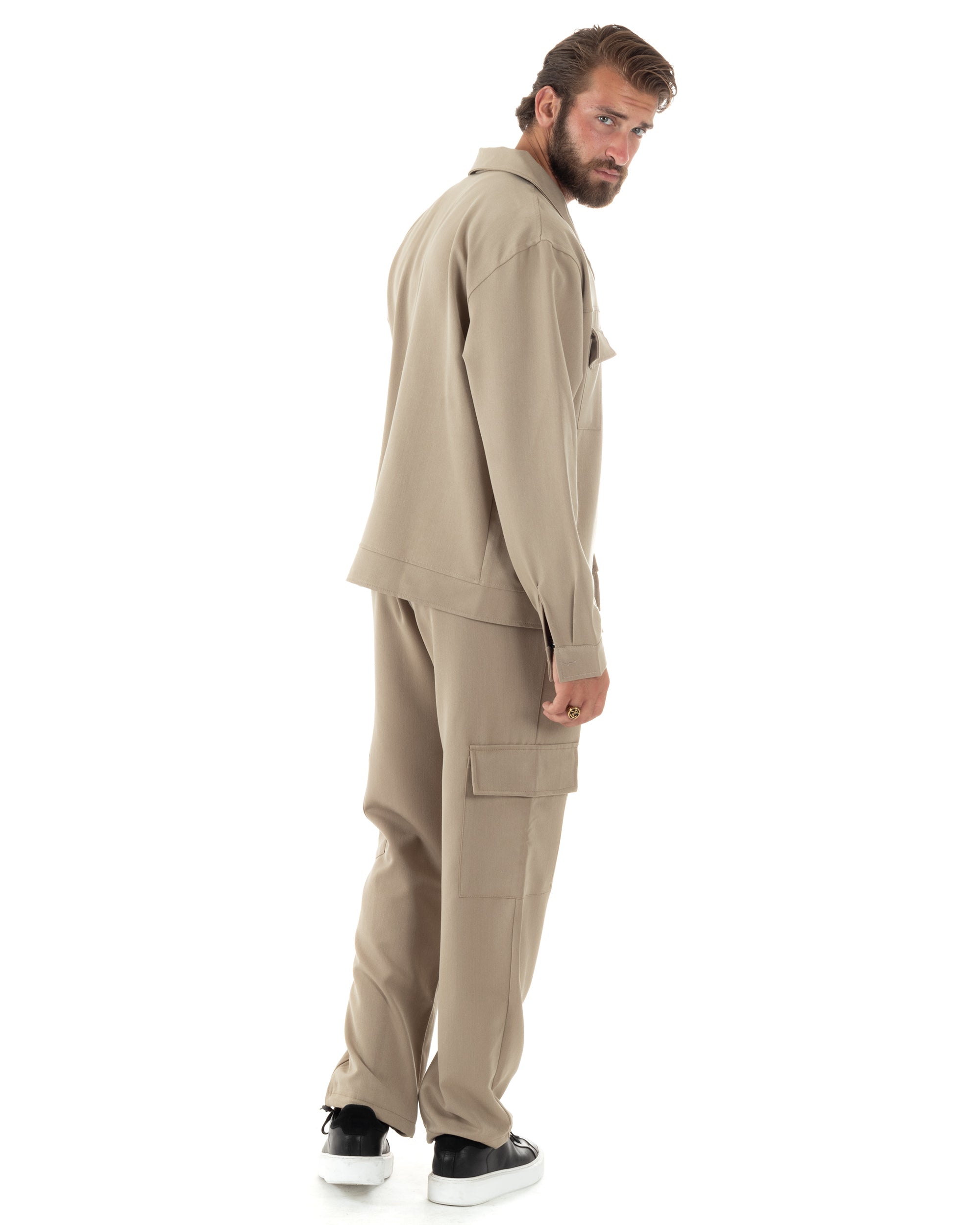 Completo Set Coordinato Uomo Viscosa Camicia Cropped Boxy Fit Pantaloni Baggy Cargo Fondo Largo Beige GIOSAL-OU2471A