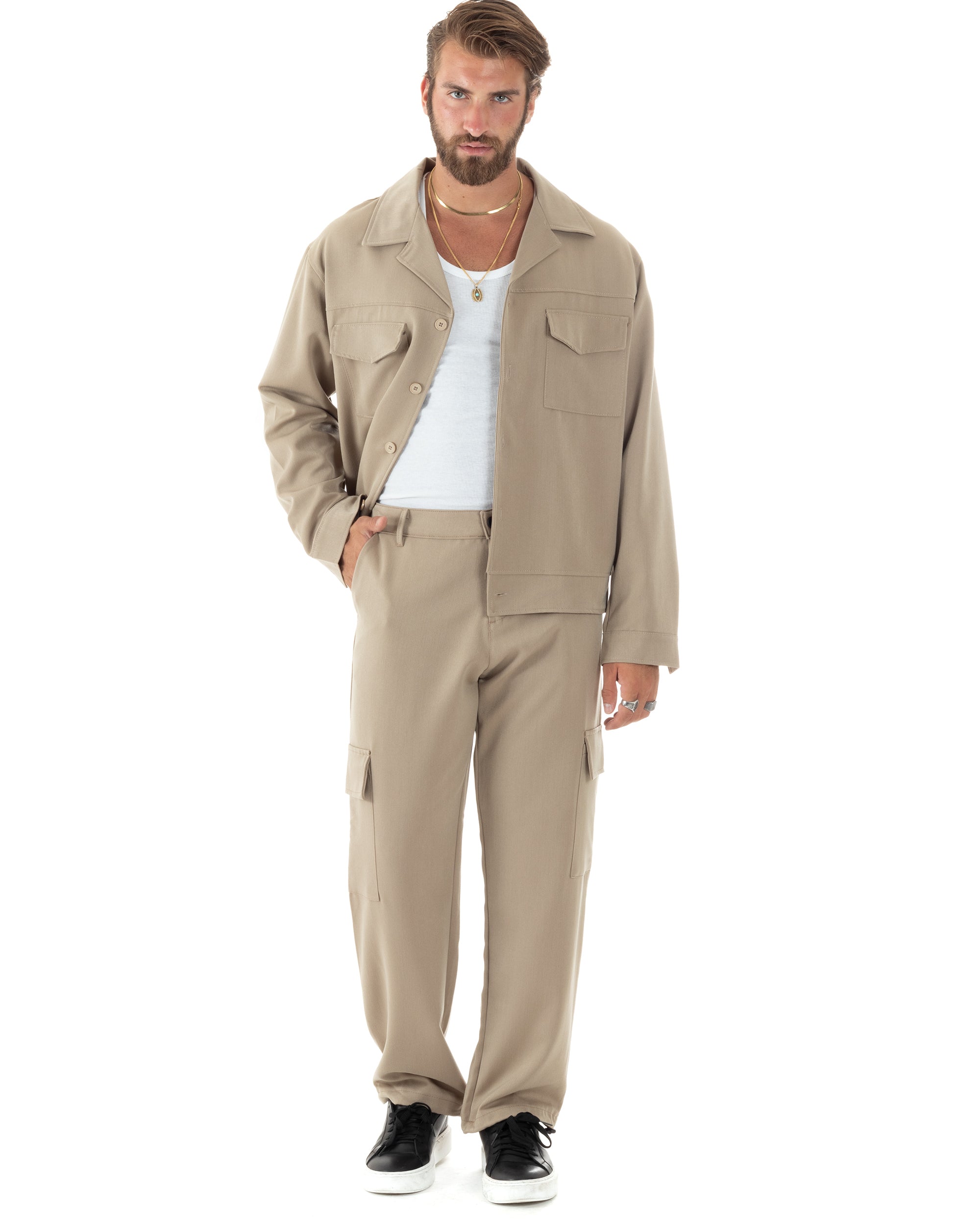 Completo Set Coordinato Uomo Viscosa Camicia Cropped Boxy Fit Pantaloni Baggy Cargo Fondo Largo Beige GIOSAL-OU2471A