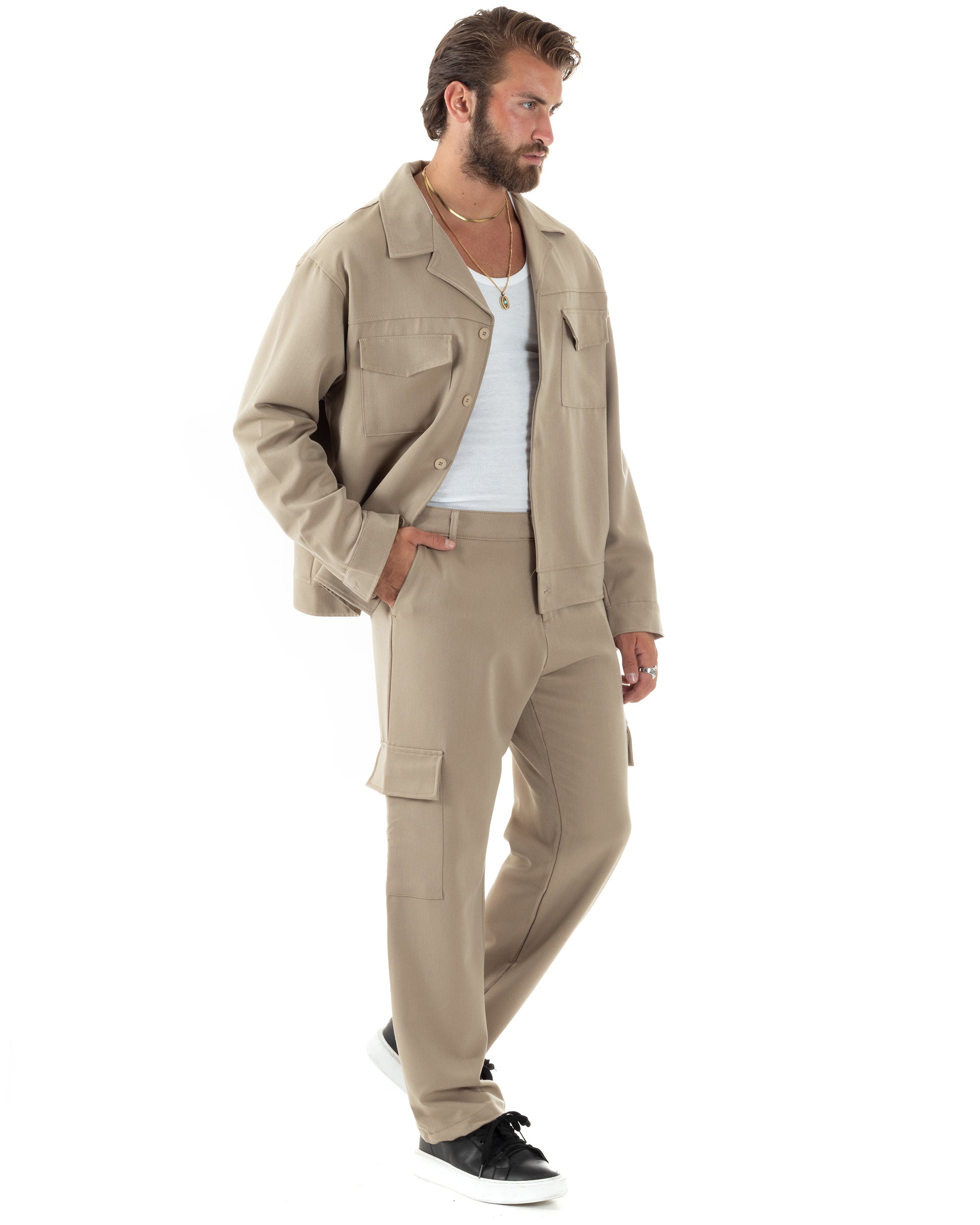 Completo Set Coordinato Uomo Viscosa Camicia Cropped Boxy Fit Pantaloni Baggy Cargo Fondo Largo Beige GIOSAL-OU2471A