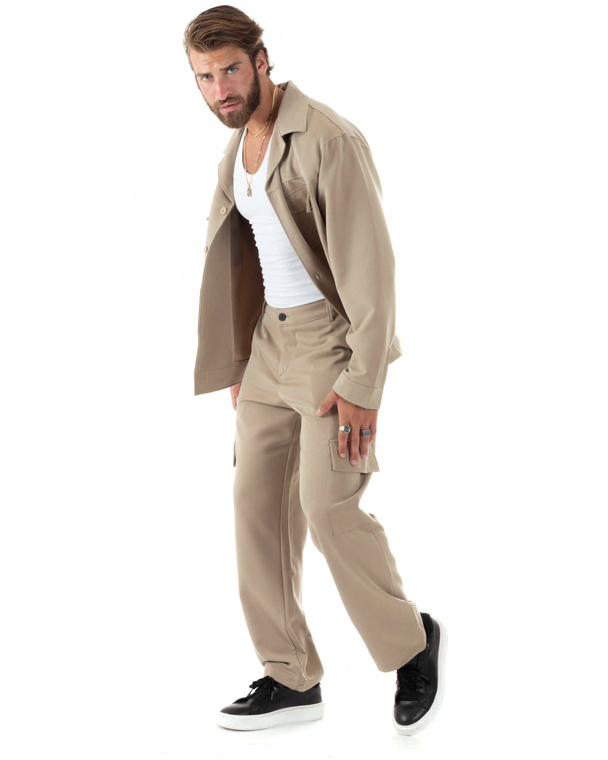 Completo Set Coordinato Uomo Viscosa Camicia Cropped Boxy Fit Pantaloni Baggy Cargo Fondo Largo Beige GIOSAL-OU2471A