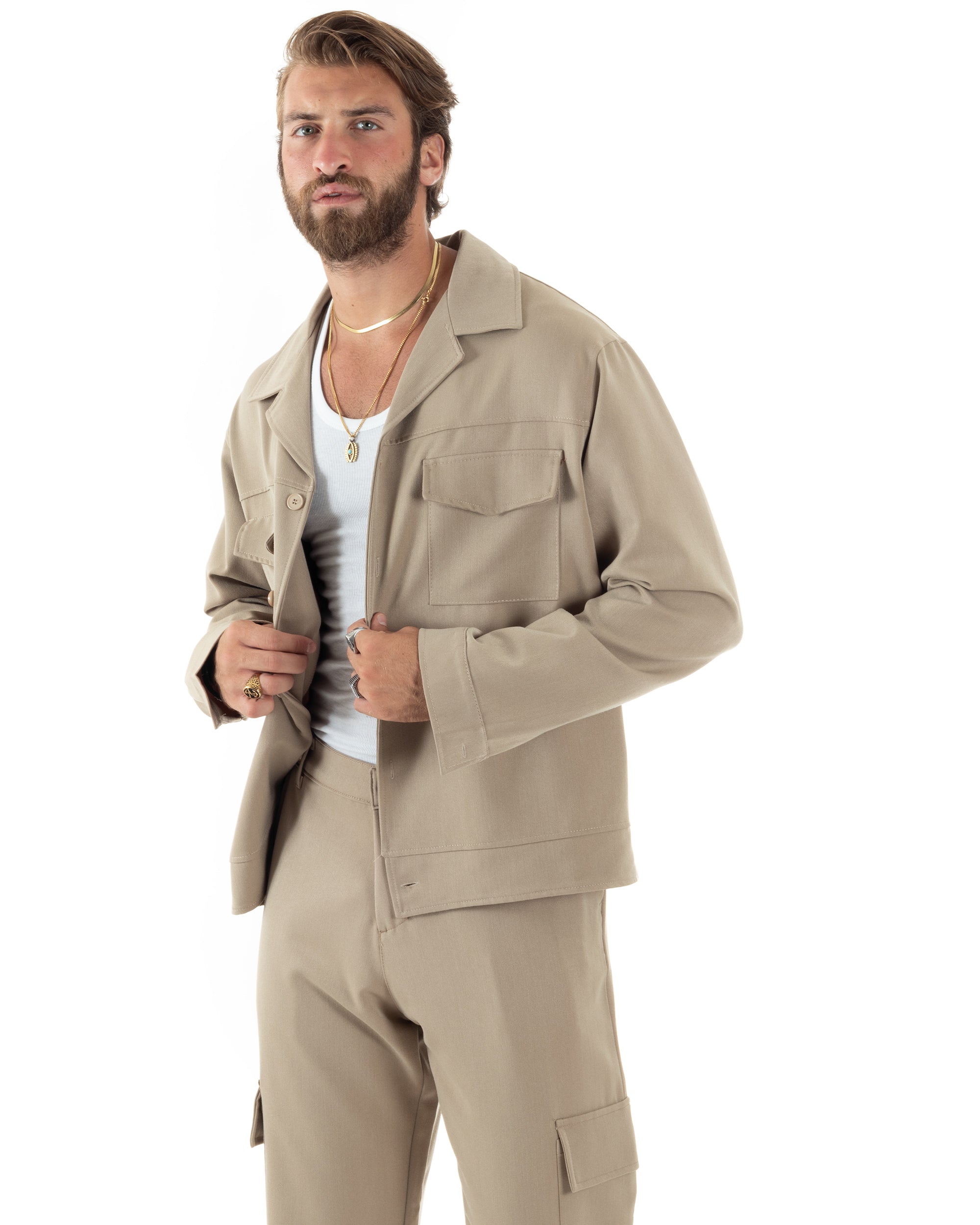 Completo Set Coordinato Uomo Viscosa Camicia Cropped Boxy Fit Pantaloni Baggy Cargo Fondo Largo Beige GIOSAL-OU2471A