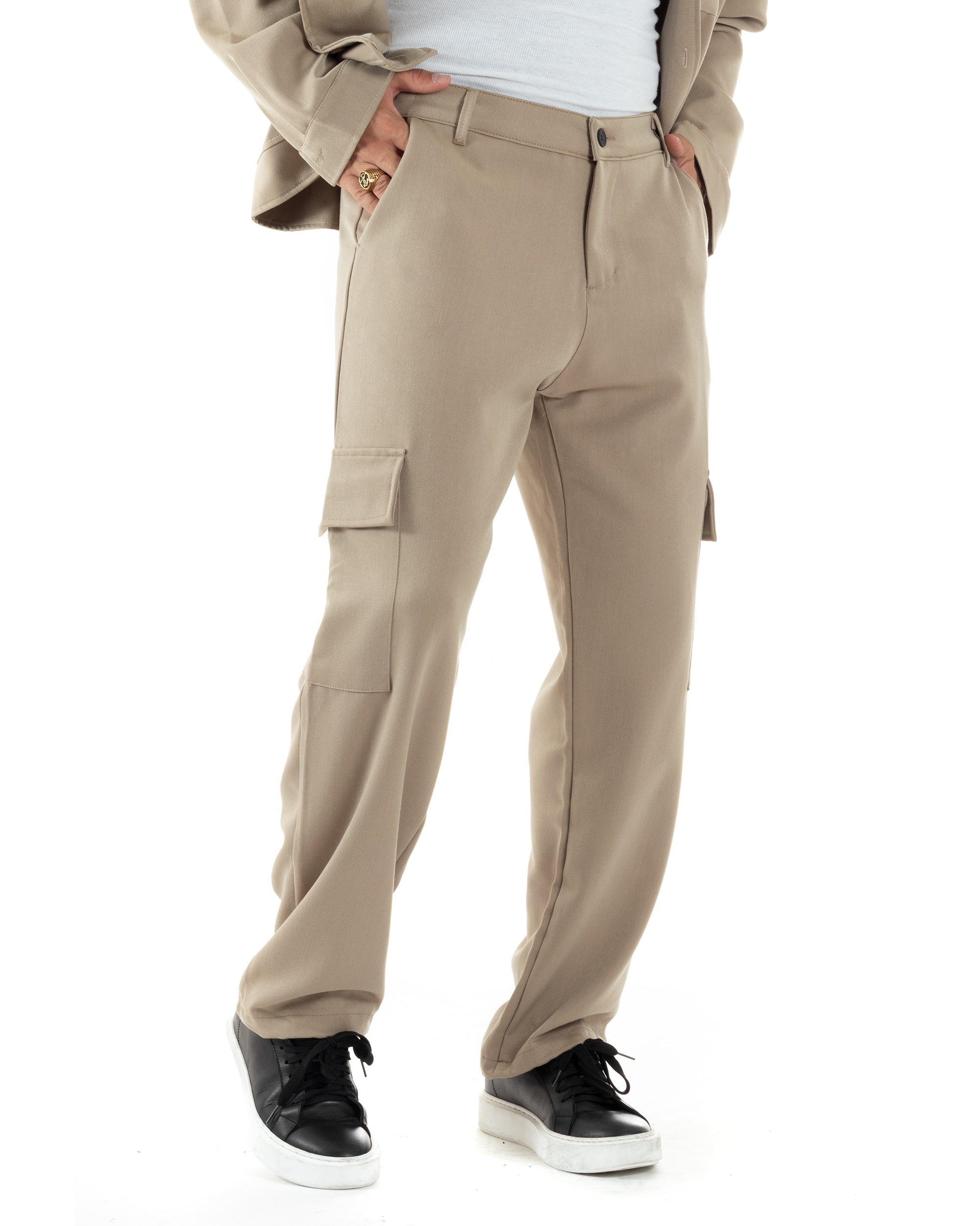 Completo Set Coordinato Uomo Viscosa Camicia Cropped Boxy Fit Pantaloni Baggy Cargo Fondo Largo Beige GIOSAL-OU2471A