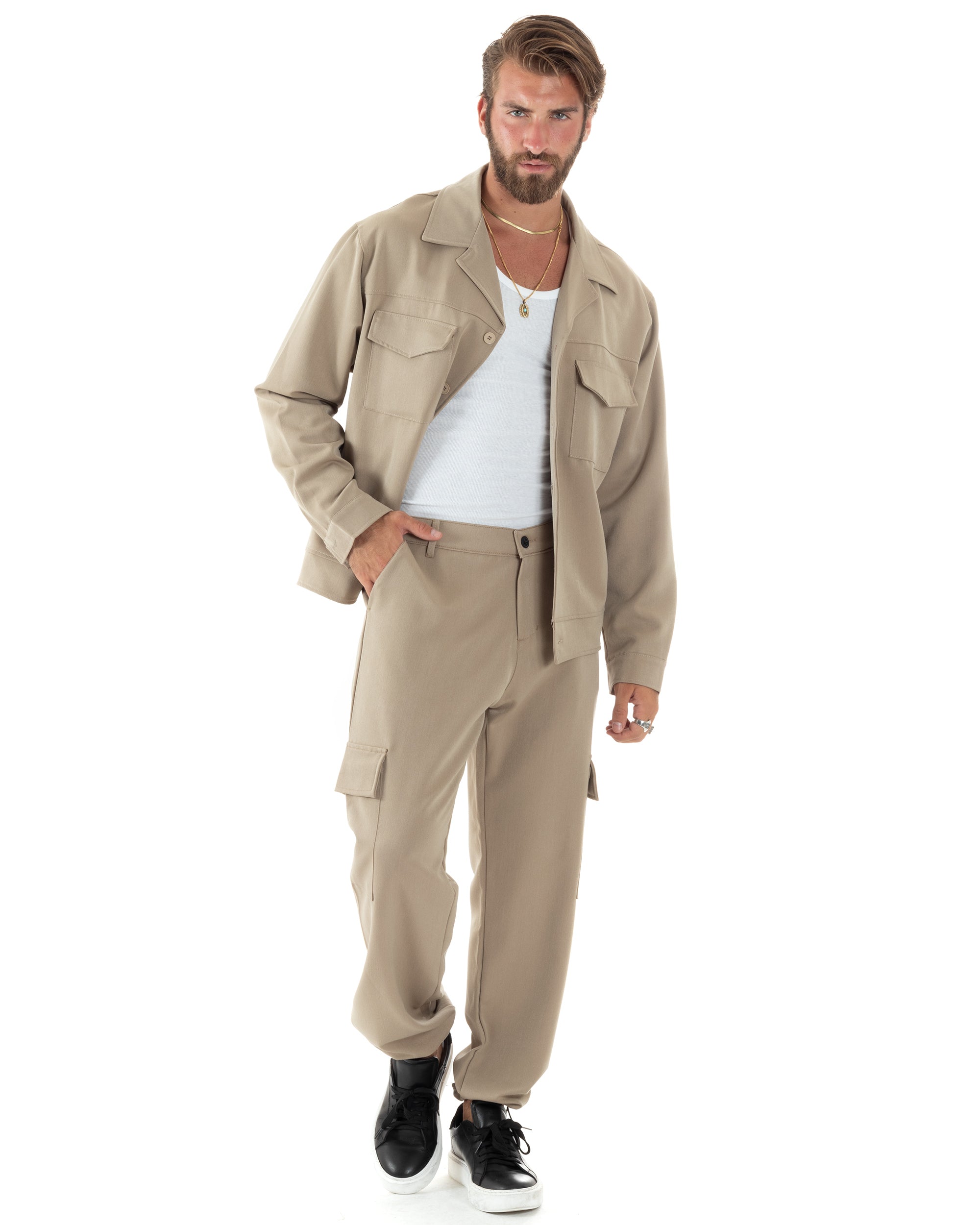 Completo Set Coordinato Uomo Viscosa Camicia Cropped Boxy Fit Pantaloni Baggy Cargo Fondo Largo Beige GIOSAL-OU2471A