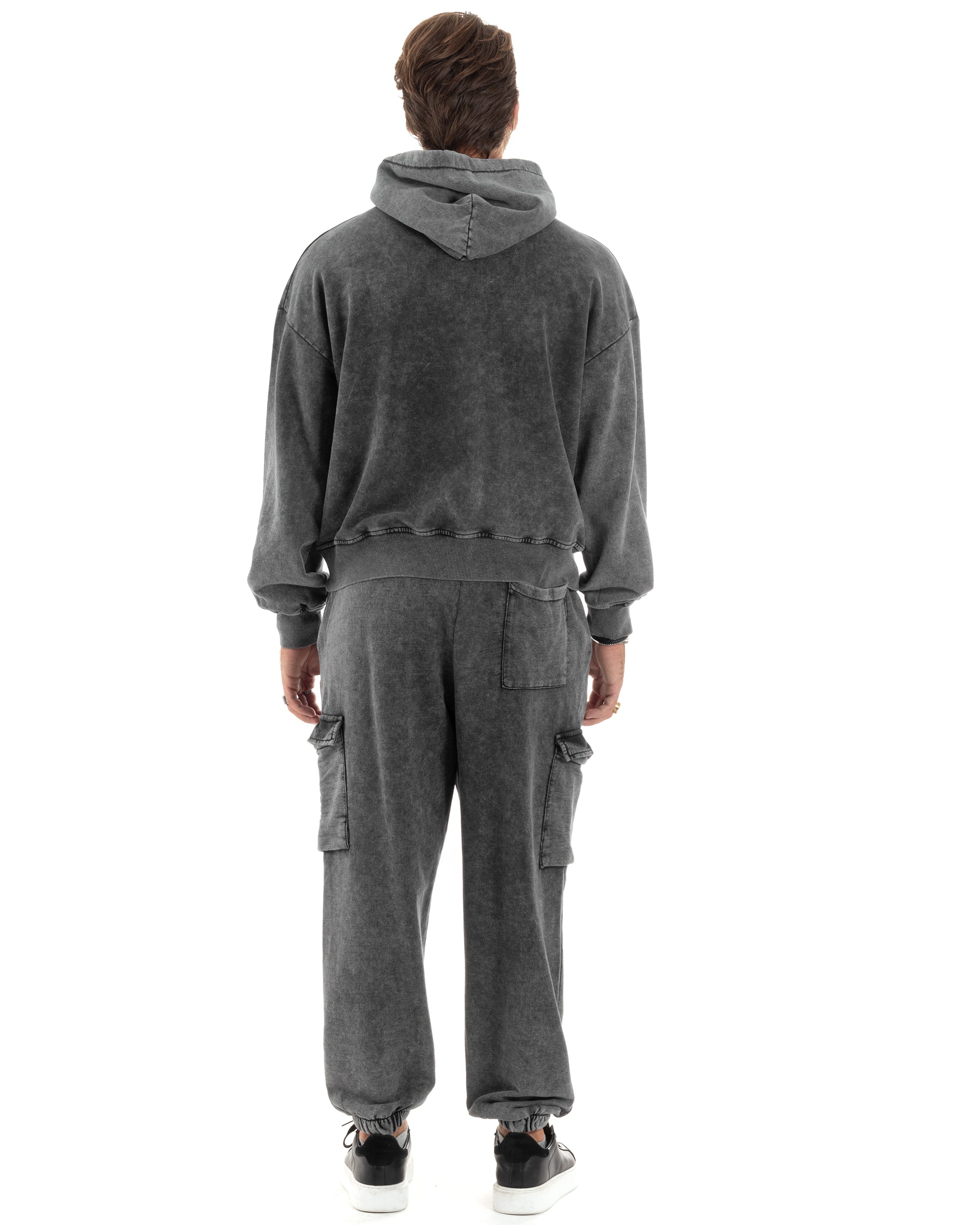 Completo Tuta Uomo Basic Felpa Con Cappuccio Pantaloni Cargo Con Tasconi Cotone Garzato StoneWashed Slavato Grigio GIOSAL-OU2472A