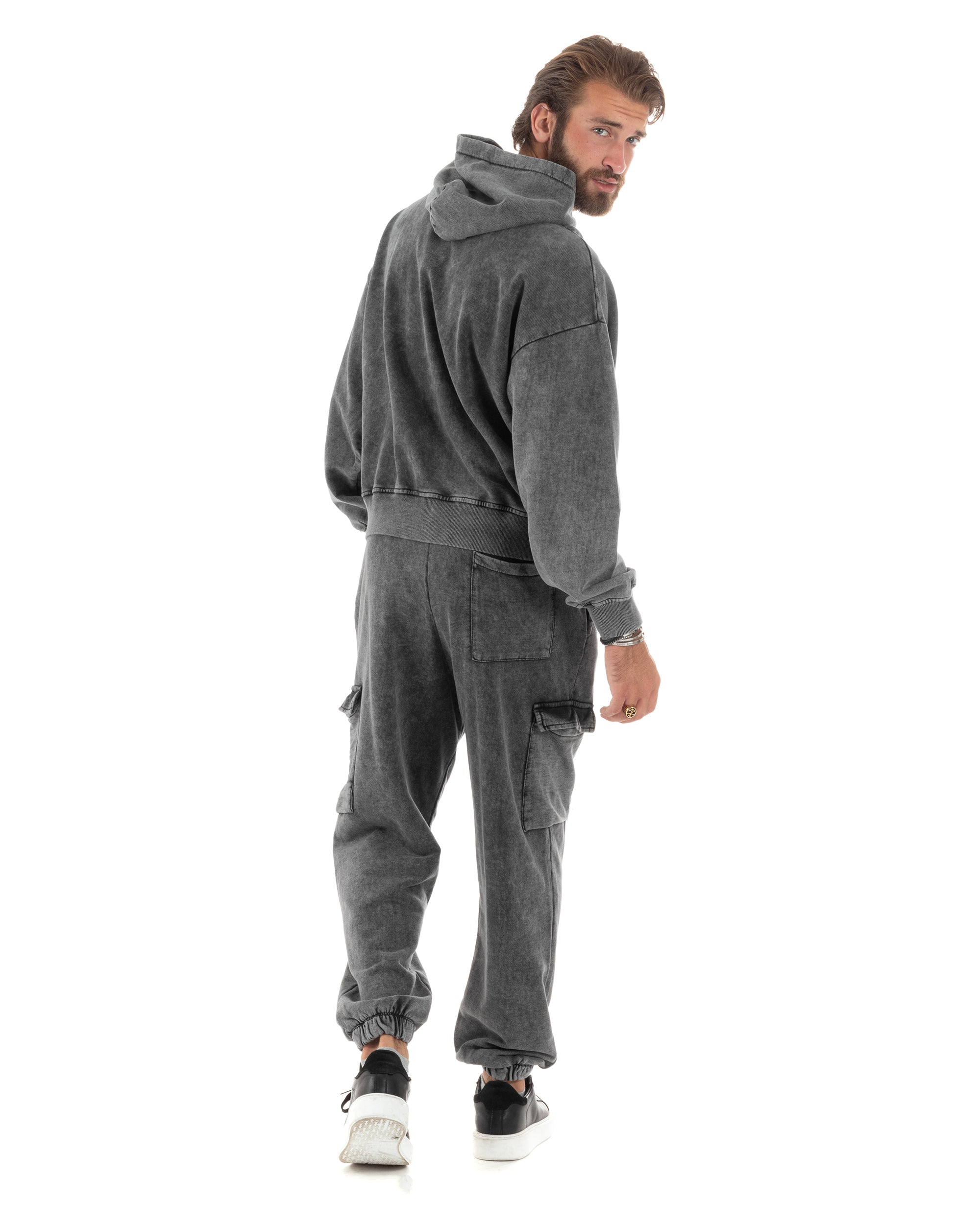 Completo Tuta Uomo Basic Felpa Con Cappuccio Pantaloni Cargo Con Tasconi Cotone Garzato StoneWashed Slavato Grigio GIOSAL-OU2472A