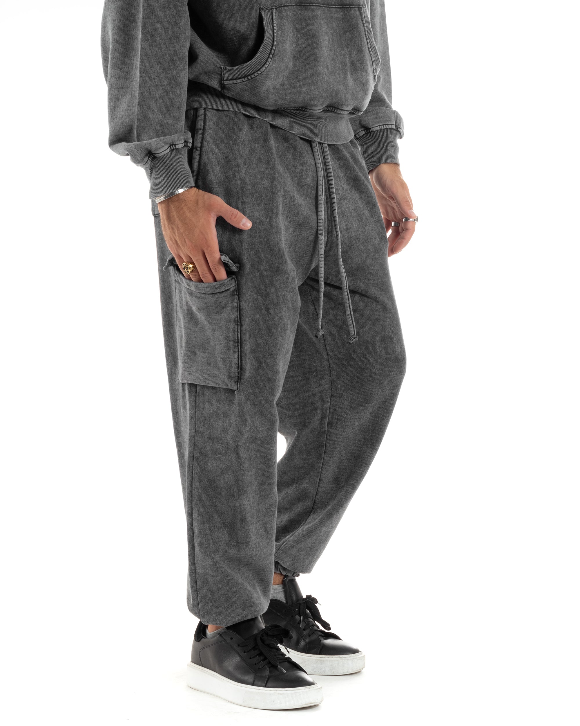 Completo Tuta Uomo Basic Felpa Con Cappuccio Pantaloni Cargo Con Tasconi Cotone Garzato StoneWashed Slavato Grigio GIOSAL-OU2472A