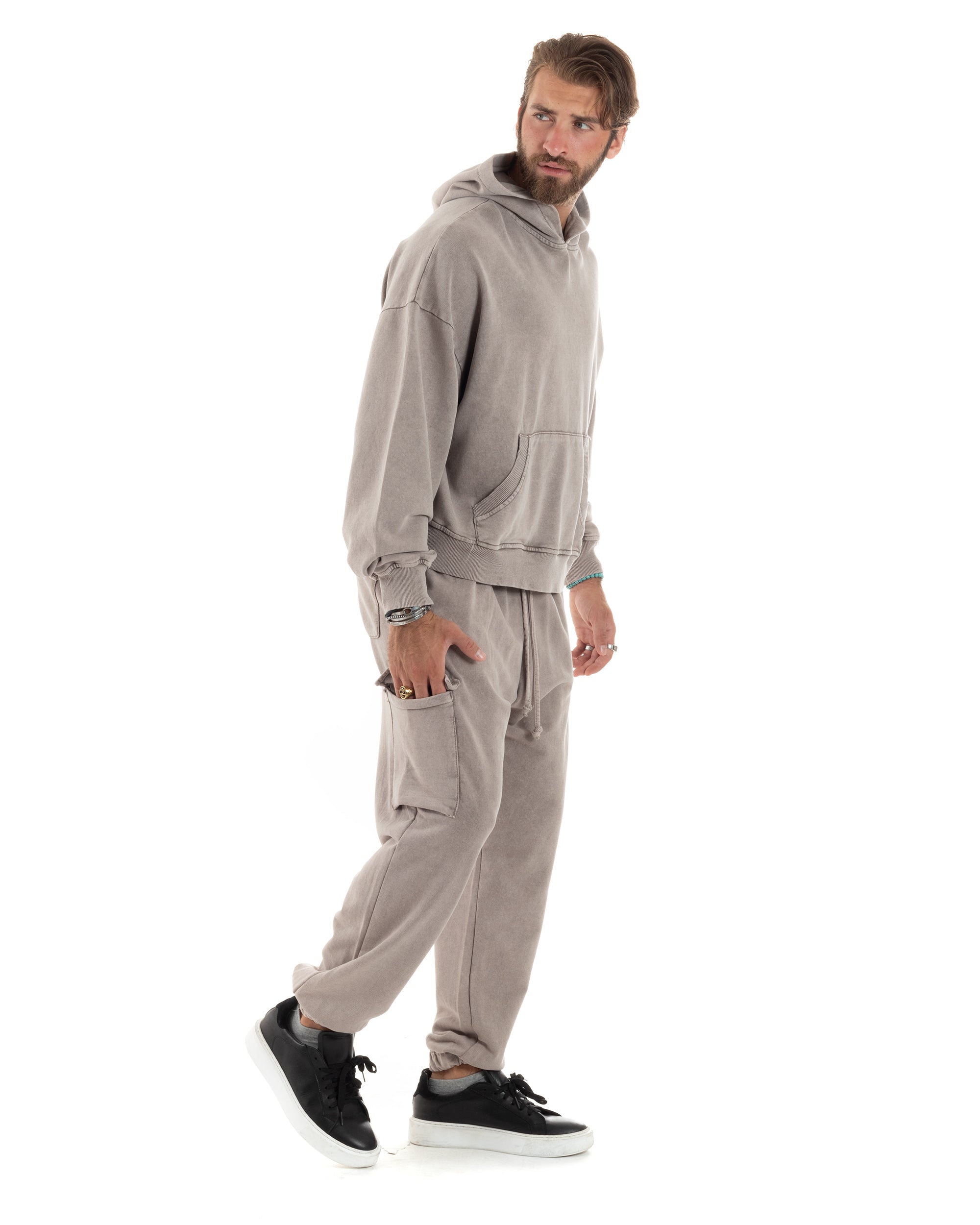 Completo Tuta Uomo Basic Felpa Con Cappuccio Pantaloni Cargo Con Tasconi Cotone Garzato StoneWashed Slavato Beige GIOSAL-OU2473A