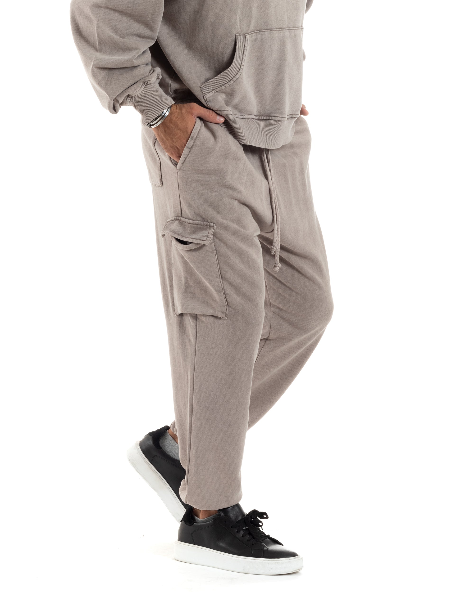 Completo Tuta Uomo Basic Felpa Con Cappuccio Pantaloni Cargo Con Tasconi Cotone Garzato StoneWashed Slavato Beige GIOSAL-OU2473A