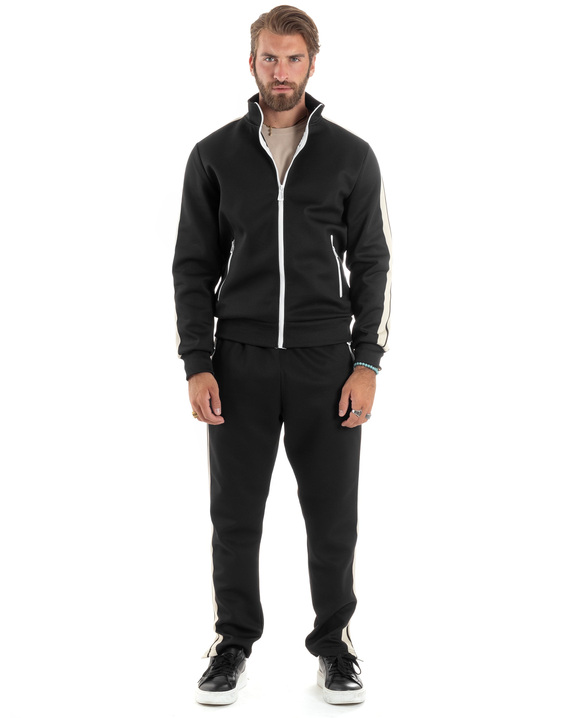 Completo Tuta Uomo Con Bande Laterali Tracksuit Caldo Cotone Felpa Con Zip Pantaloni Con Coulisse Fondo Largo Bicolore Nero GIOSAL-OU2474A