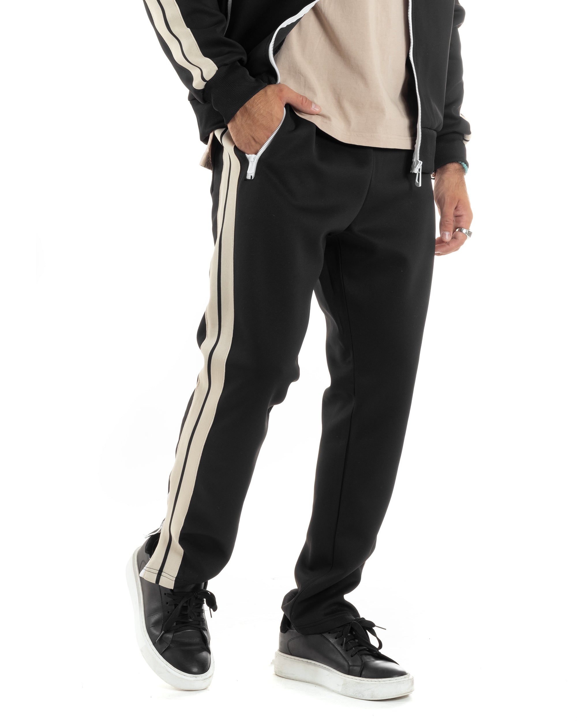 Completo Tuta Uomo Con Bande Laterali Tracksuit Caldo Cotone Felpa Con Zip Pantaloni Con Coulisse Fondo Largo Bicolore Nero GIOSAL-OU2474A