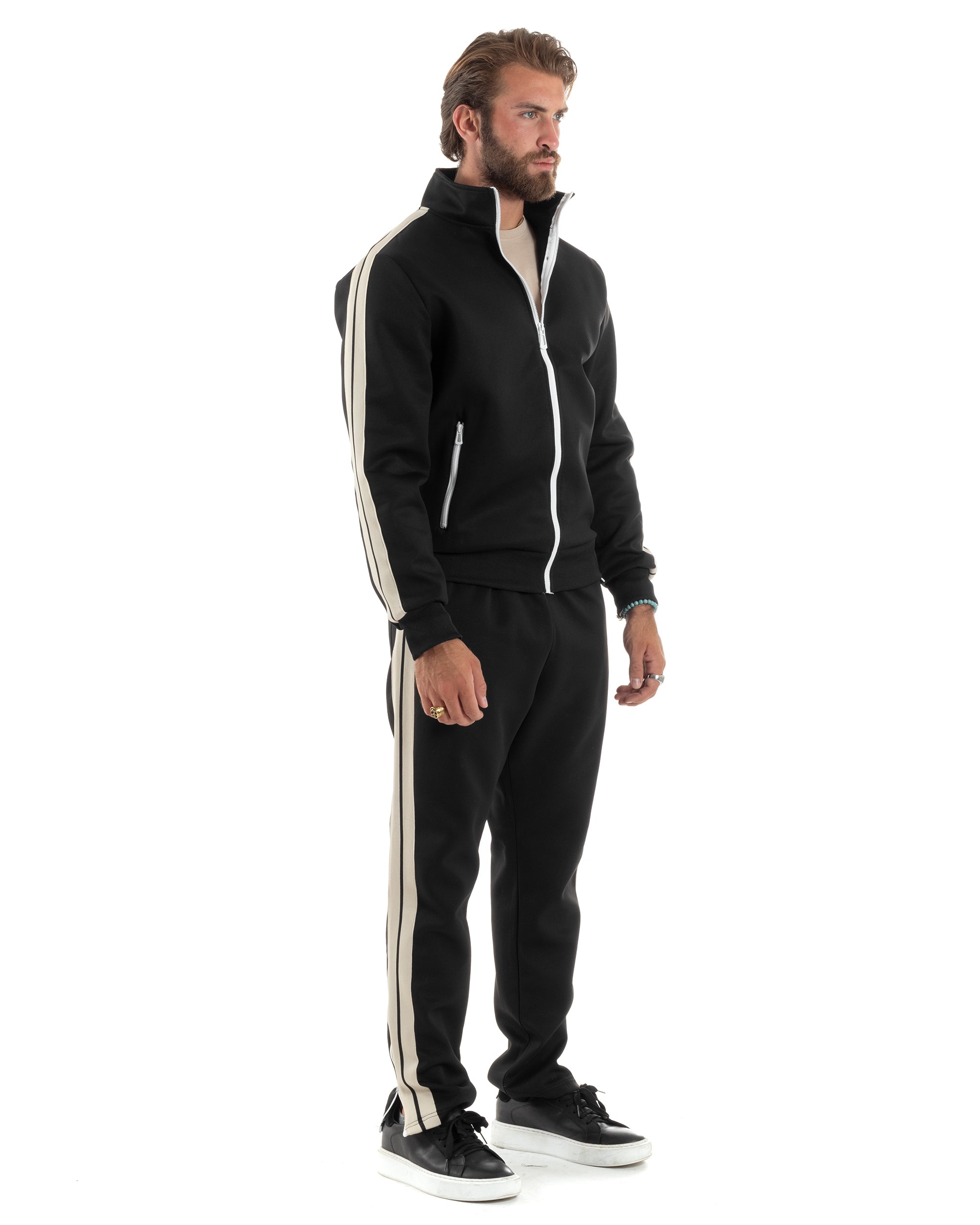 Completo Tuta Uomo Con Bande Laterali Tracksuit Caldo Cotone Felpa Con Zip Pantaloni Con Coulisse Fondo Largo Bicolore Nero GIOSAL-OU2474A