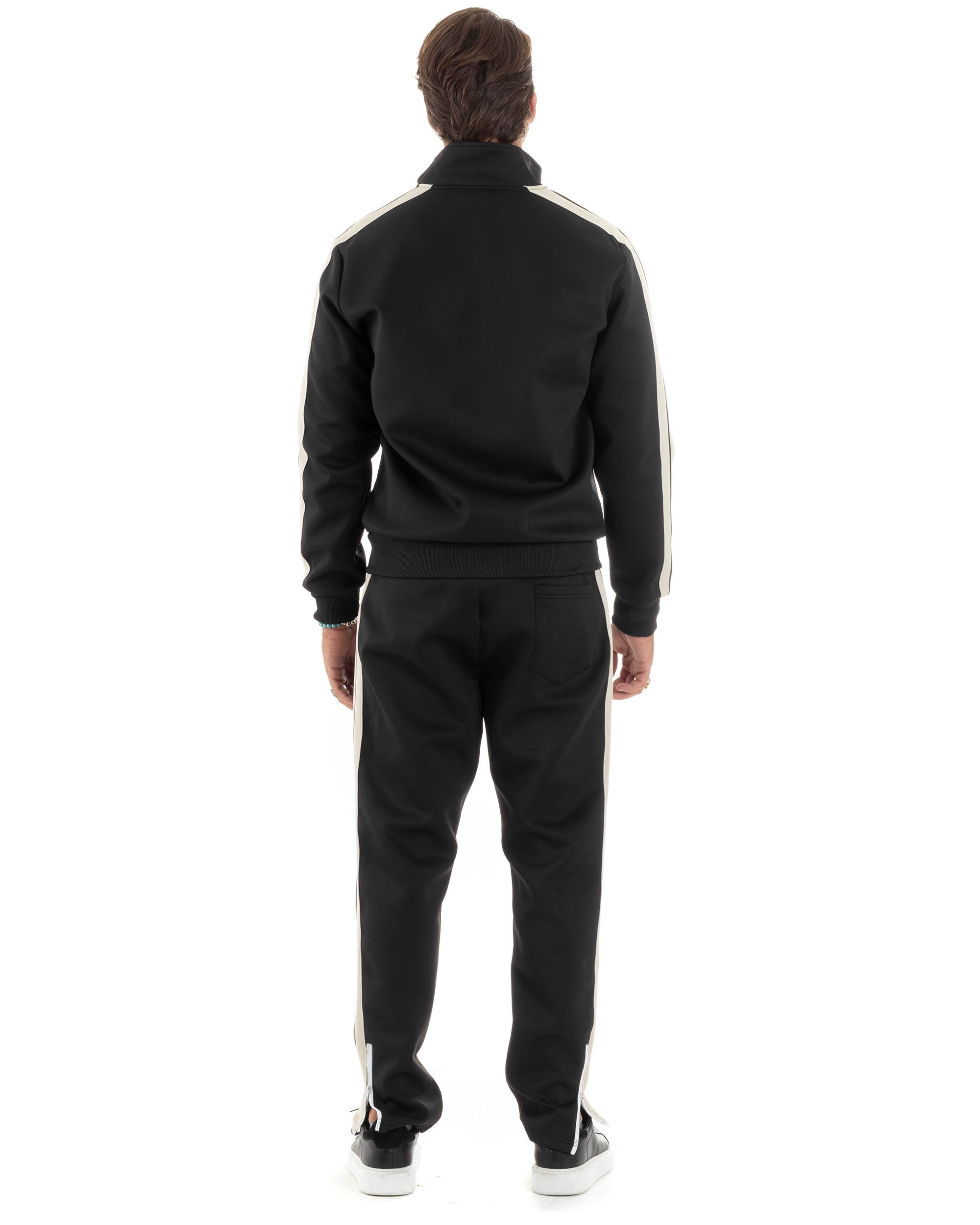 Completo Tuta Uomo Con Bande Laterali Tracksuit Caldo Cotone Felpa Con Zip Pantaloni Con Coulisse Fondo Largo Bicolore Nero GIOSAL-OU2474A