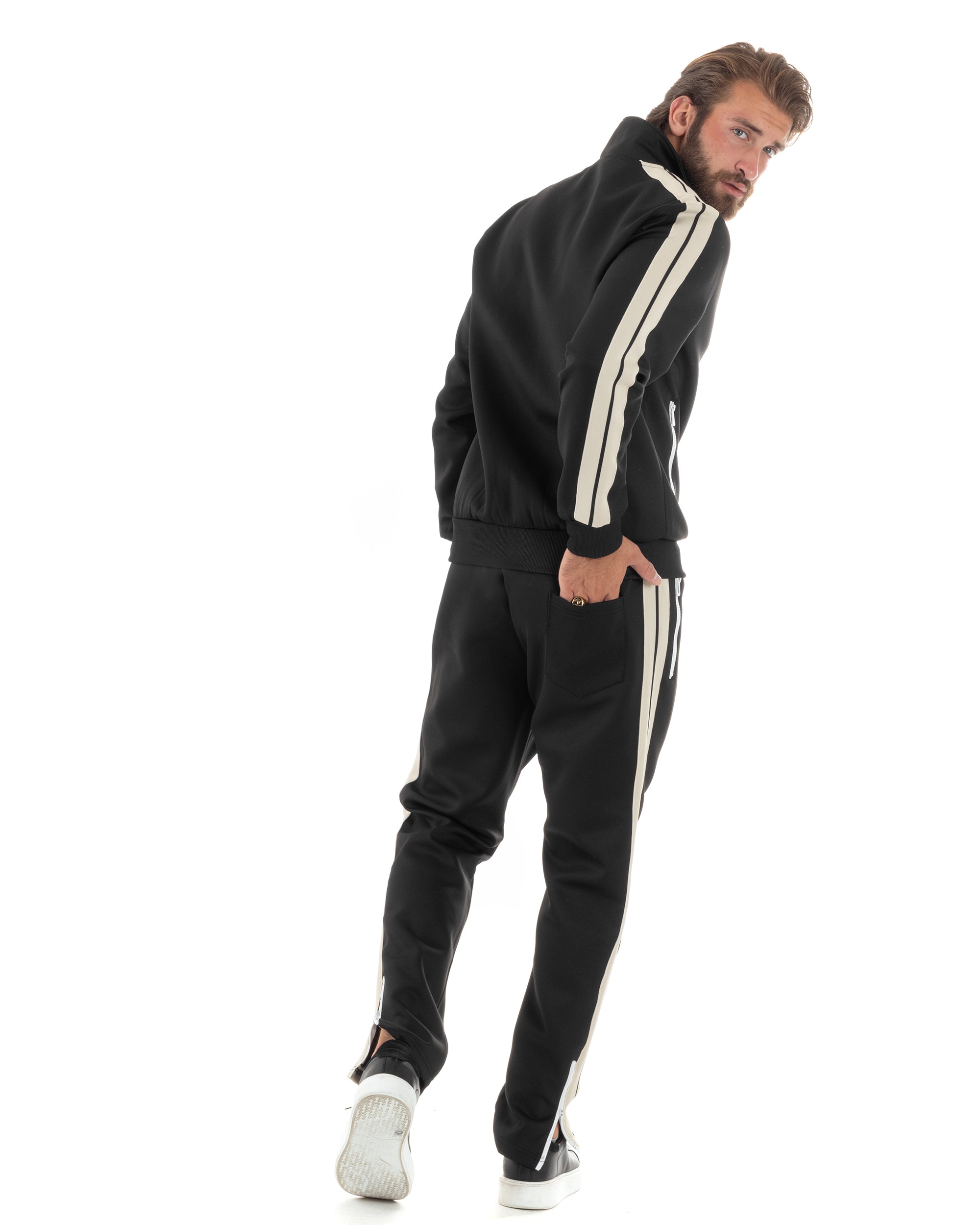 Completo Tuta Uomo Con Bande Laterali Tracksuit Caldo Cotone Felpa Con Zip Pantaloni Con Coulisse Fondo Largo Bicolore Nero GIOSAL-OU2474A