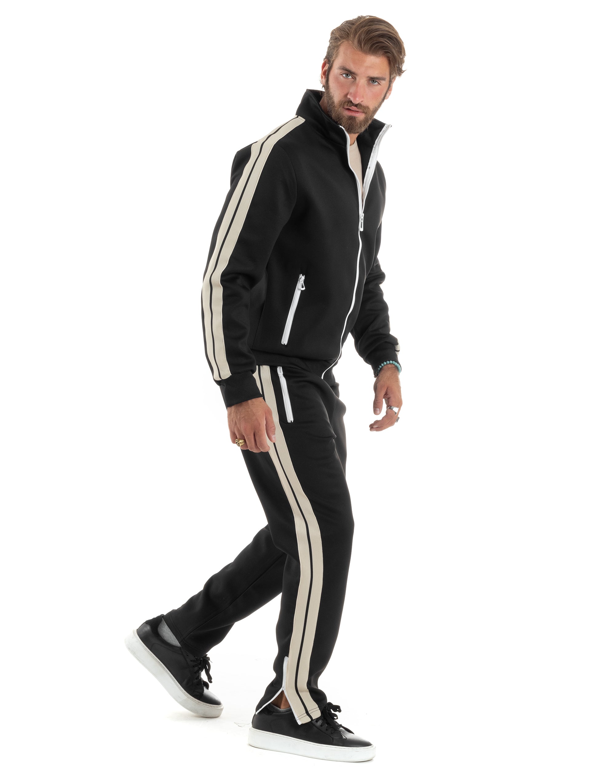 Completo Tuta Uomo Con Bande Laterali Tracksuit Caldo Cotone Felpa Con Zip Pantaloni Con Coulisse Fondo Largo Bicolore Nero GIOSAL-OU2474A