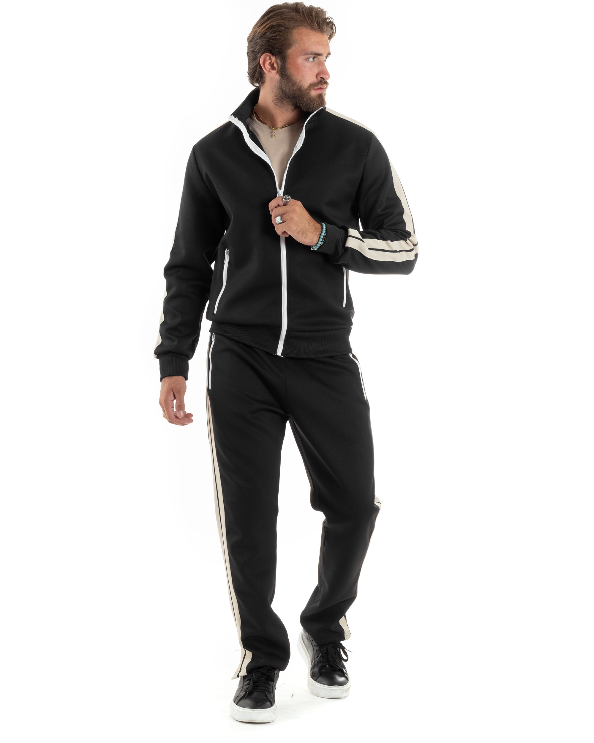 Completo Tuta Uomo Con Bande Laterali Tracksuit Caldo Cotone Felpa Con Zip Pantaloni Con Coulisse Fondo Largo Bicolore Nero GIOSAL-OU2474A