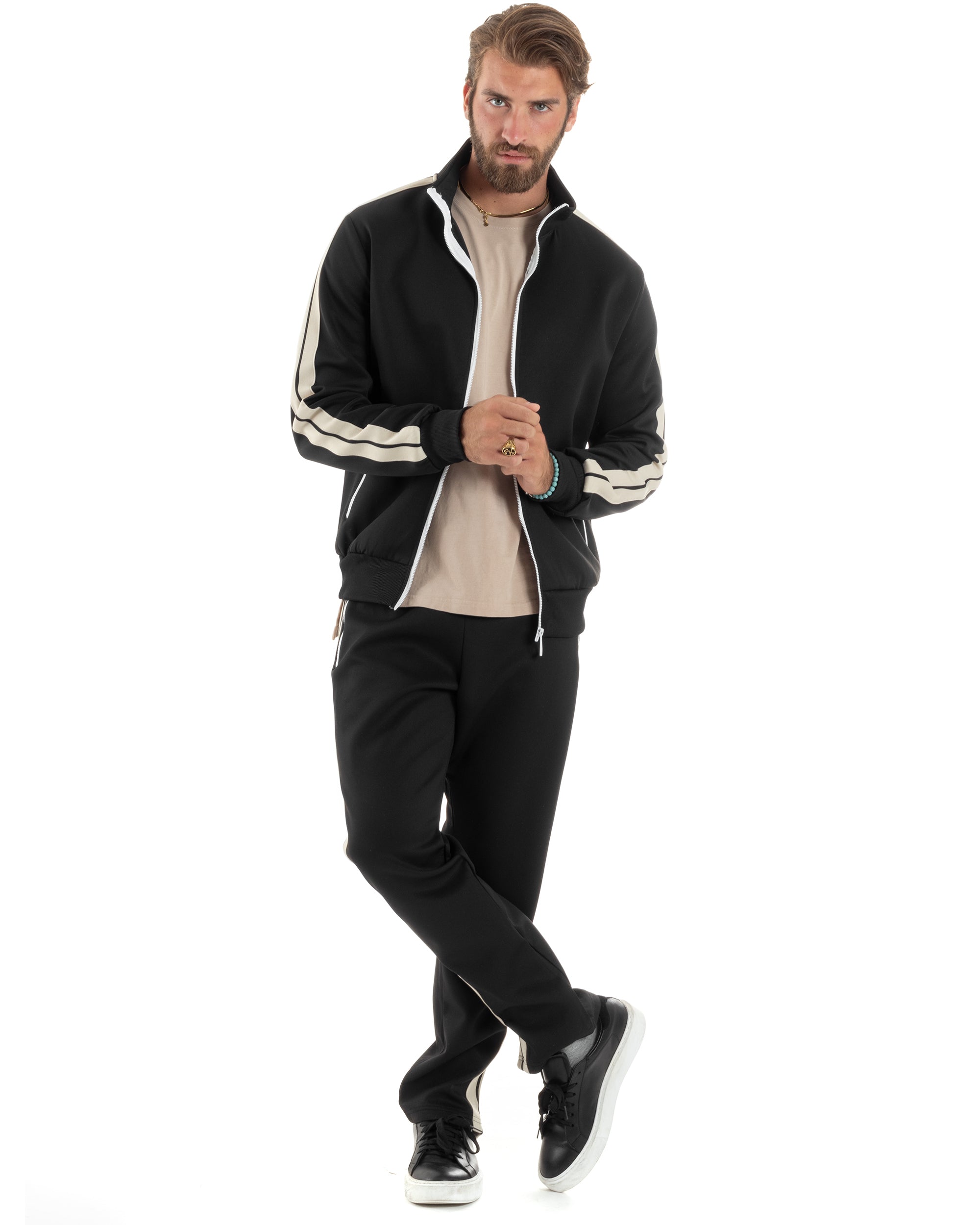 Completo Tuta Uomo Con Bande Laterali Tracksuit Caldo Cotone Felpa Con Zip Pantaloni Con Coulisse Fondo Largo Bicolore Nero GIOSAL-OU2474A