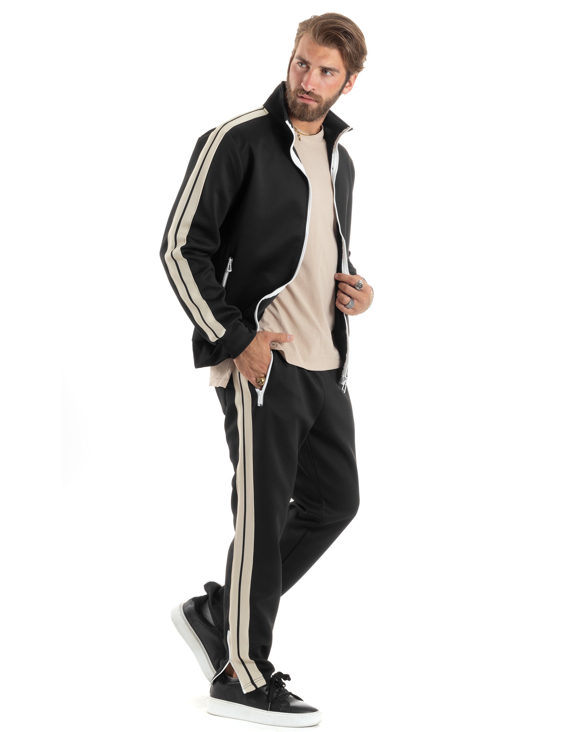 Completo Tuta Uomo Con Bande Laterali Tracksuit Caldo Cotone Felpa Con Zip Pantaloni Con Coulisse Fondo Largo Bicolore Nero GIOSAL-OU2474A