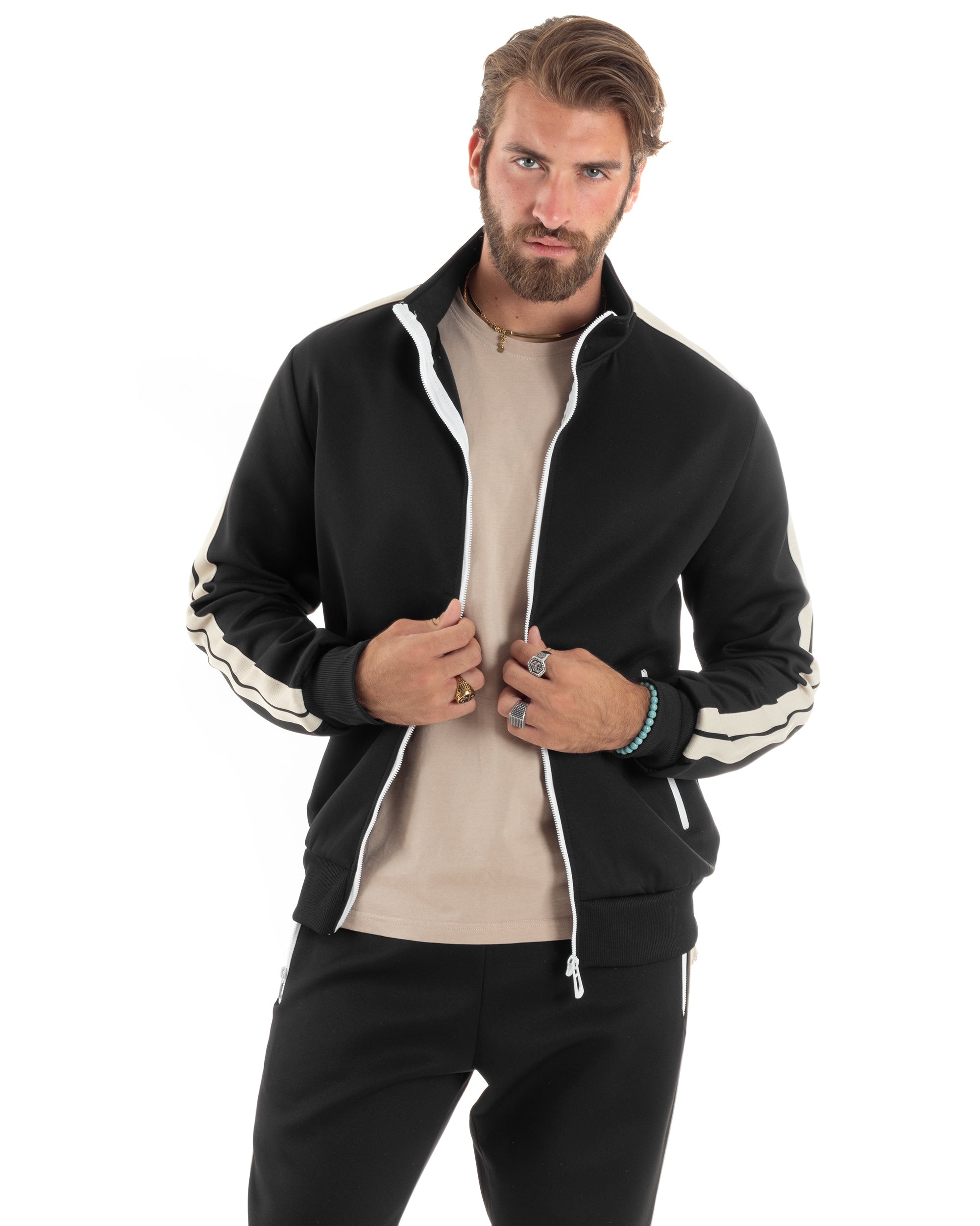 Completo Tuta Uomo Con Bande Laterali Tracksuit Caldo Cotone Felpa Con Zip Pantaloni Con Coulisse Fondo Largo Bicolore Nero GIOSAL-OU2474A