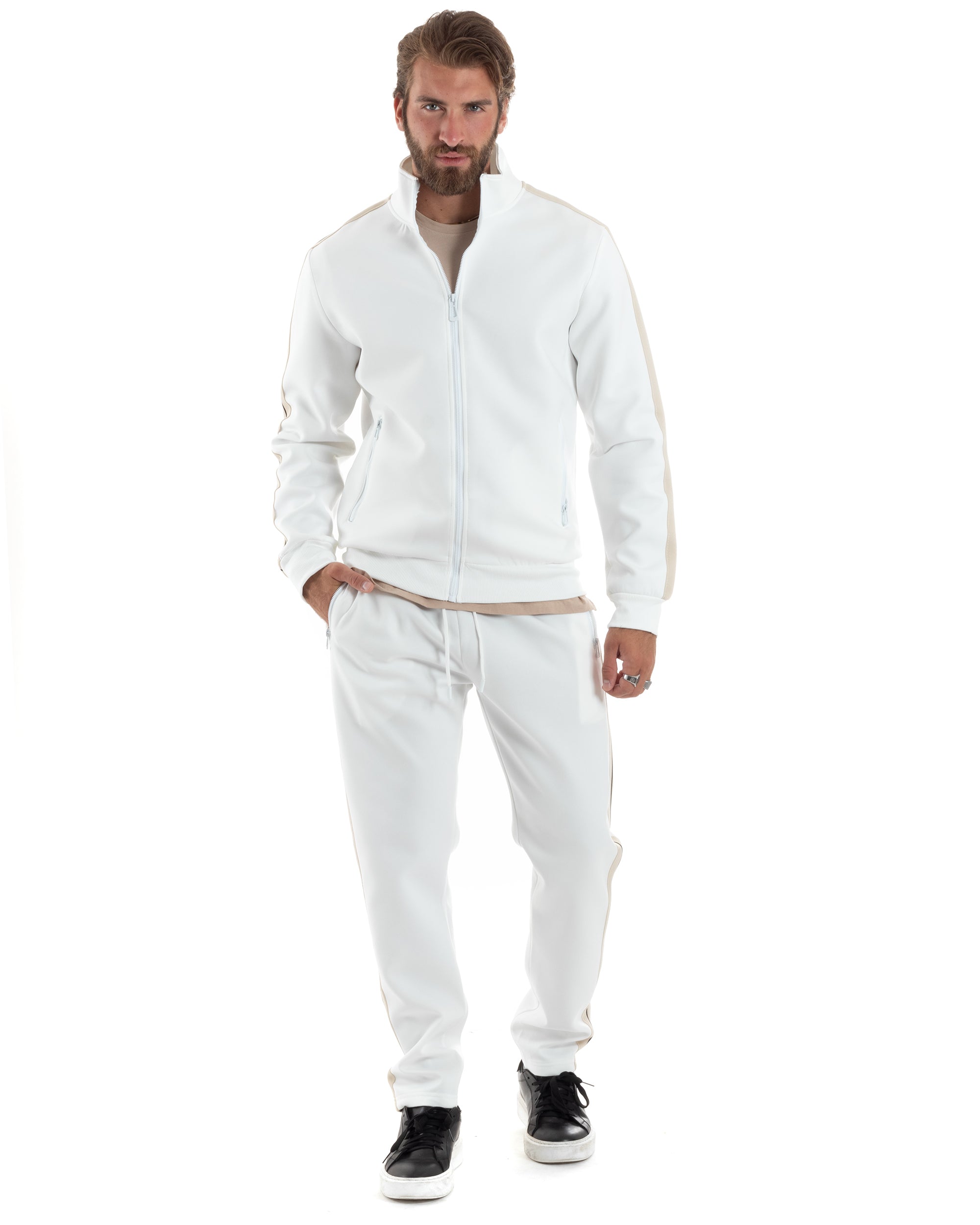 Completo Tuta Uomo Con Bande Laterali Tracksuit Caldo Cotone Felpa Con Zip Pantaloni Con Coulisse Fondo Largo Bicolore Bianco GIOSAL-OU2475A