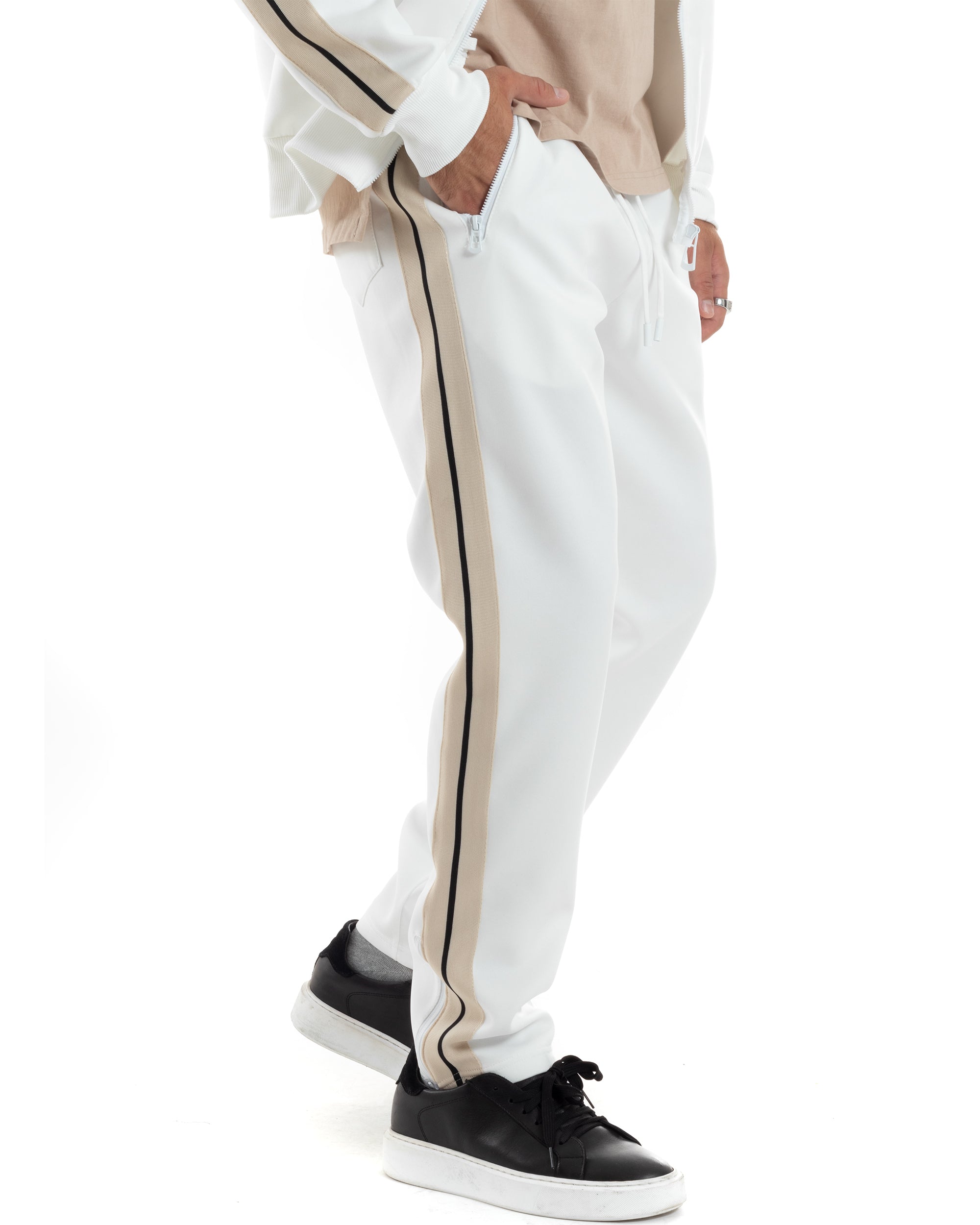 Completo Tuta Uomo Con Bande Laterali Tracksuit Caldo Cotone Felpa Con Zip Pantaloni Con Coulisse Fondo Largo Bicolore Bianco GIOSAL-OU2475A