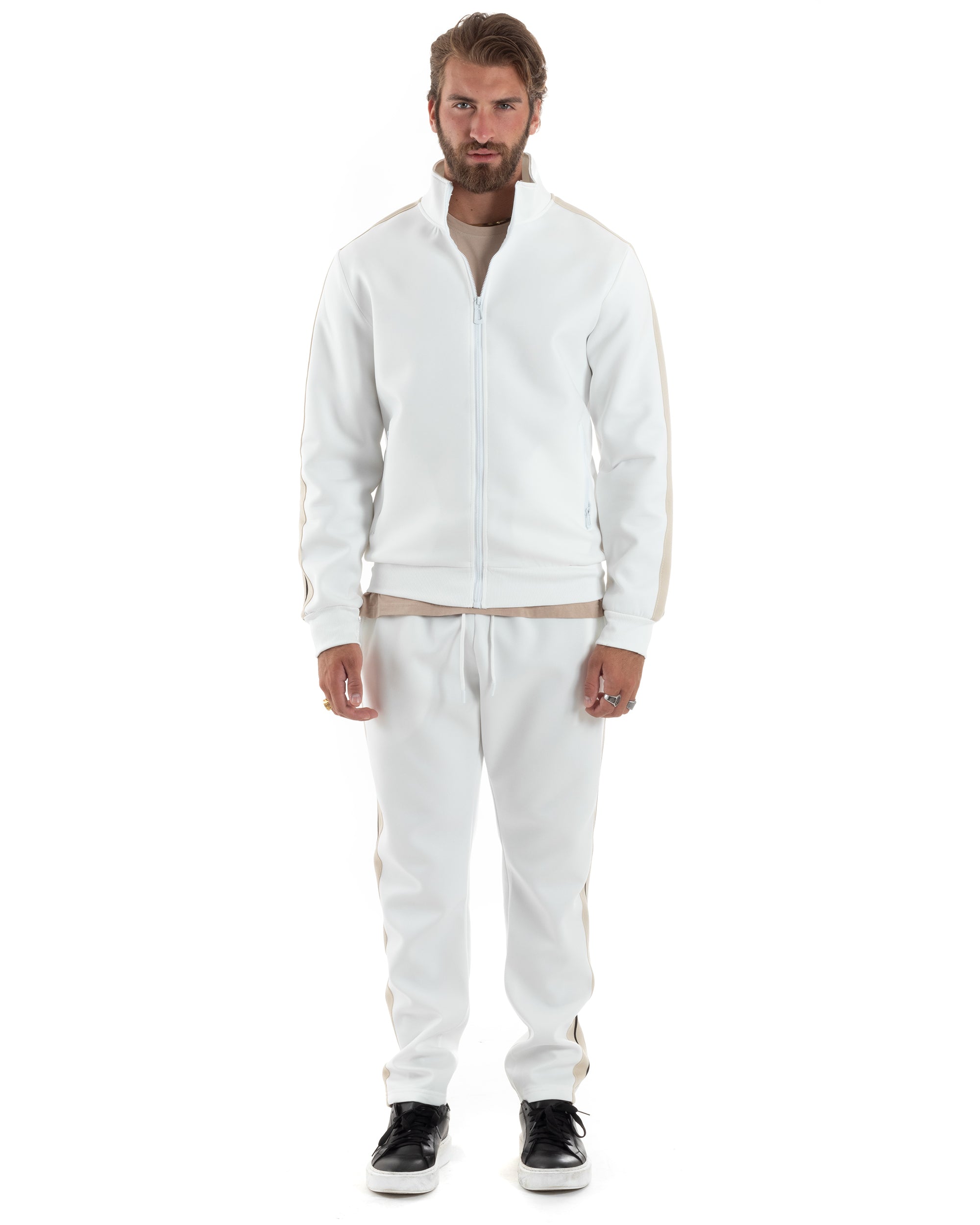 Completo Tuta Uomo Con Bande Laterali Tracksuit Caldo Cotone Felpa Con Zip Pantaloni Con Coulisse Fondo Largo Bicolore Bianco GIOSAL-OU2475A