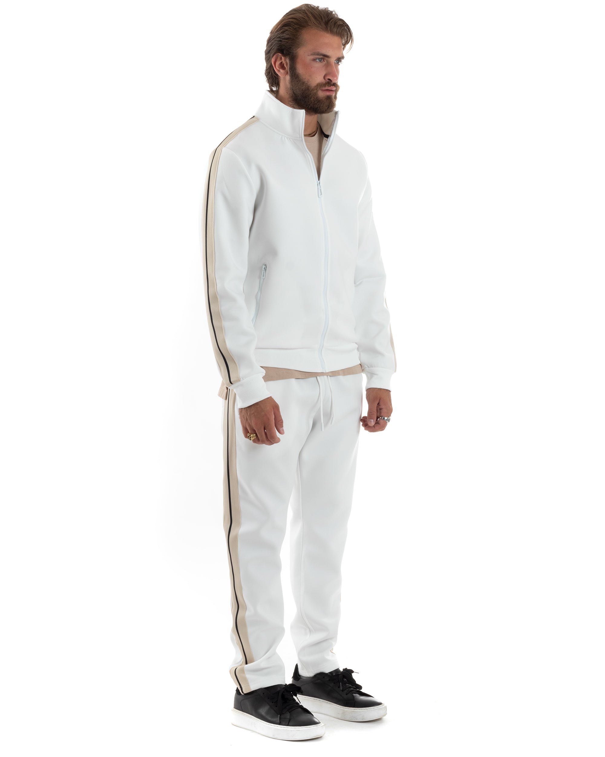 Completo Tuta Uomo Con Bande Laterali Tracksuit Caldo Cotone Felpa Con Zip Pantaloni Con Coulisse Fondo Largo Bicolore Bianco GIOSAL-OU2475A