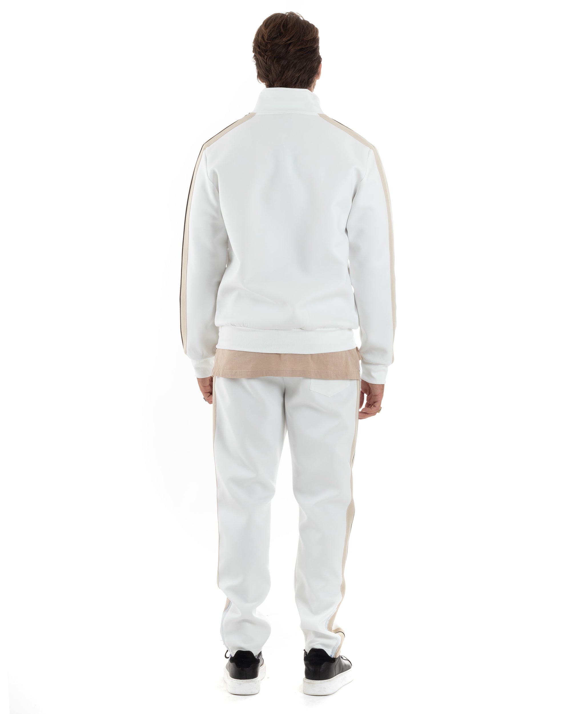 Completo Tuta Uomo Con Bande Laterali Tracksuit Caldo Cotone Felpa Con Zip Pantaloni Con Coulisse Fondo Largo Bicolore Bianco GIOSAL-OU2475A