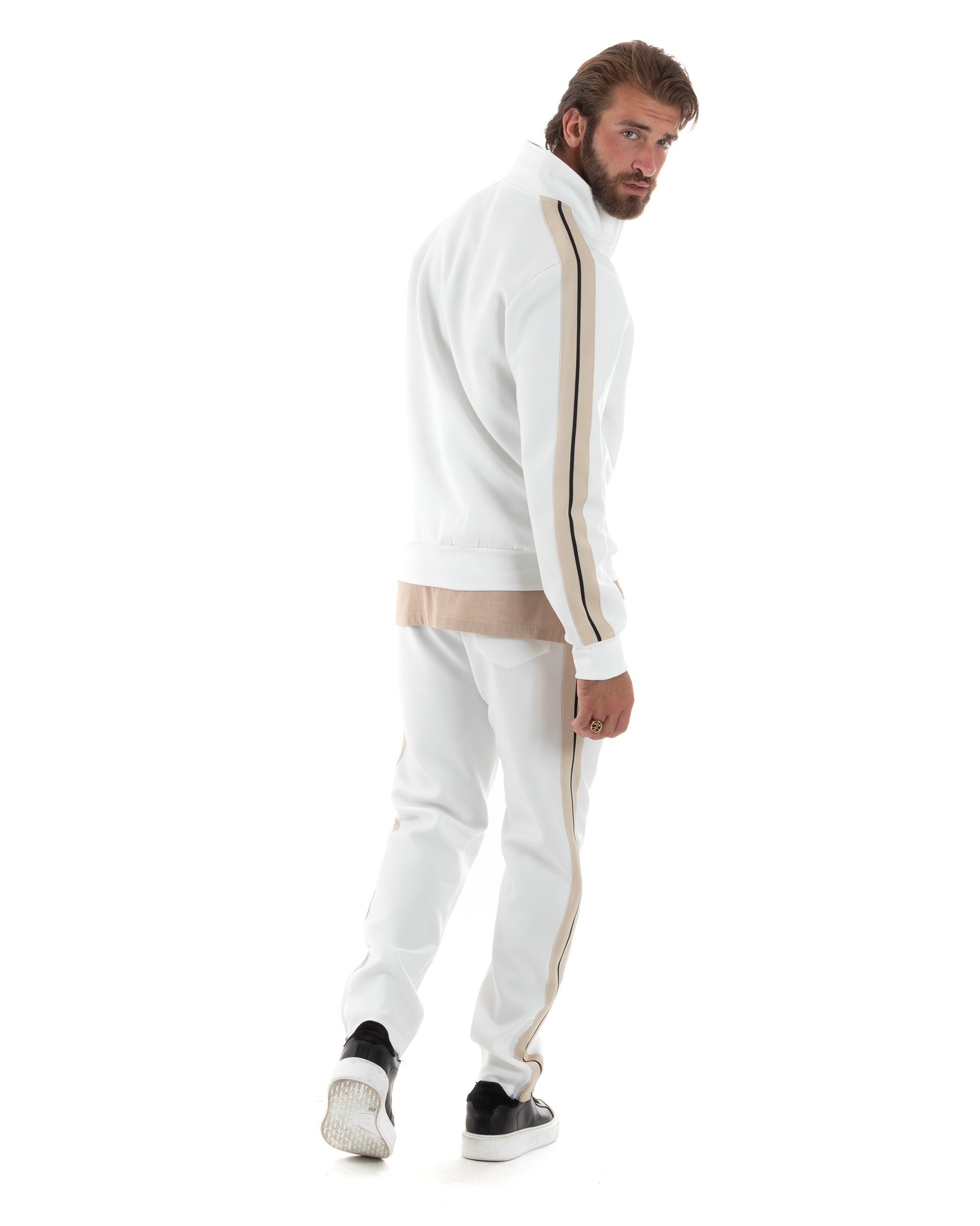 Completo Tuta Uomo Con Bande Laterali Tracksuit Caldo Cotone Felpa Con Zip Pantaloni Con Coulisse Fondo Largo Bicolore Bianco GIOSAL-OU2475A