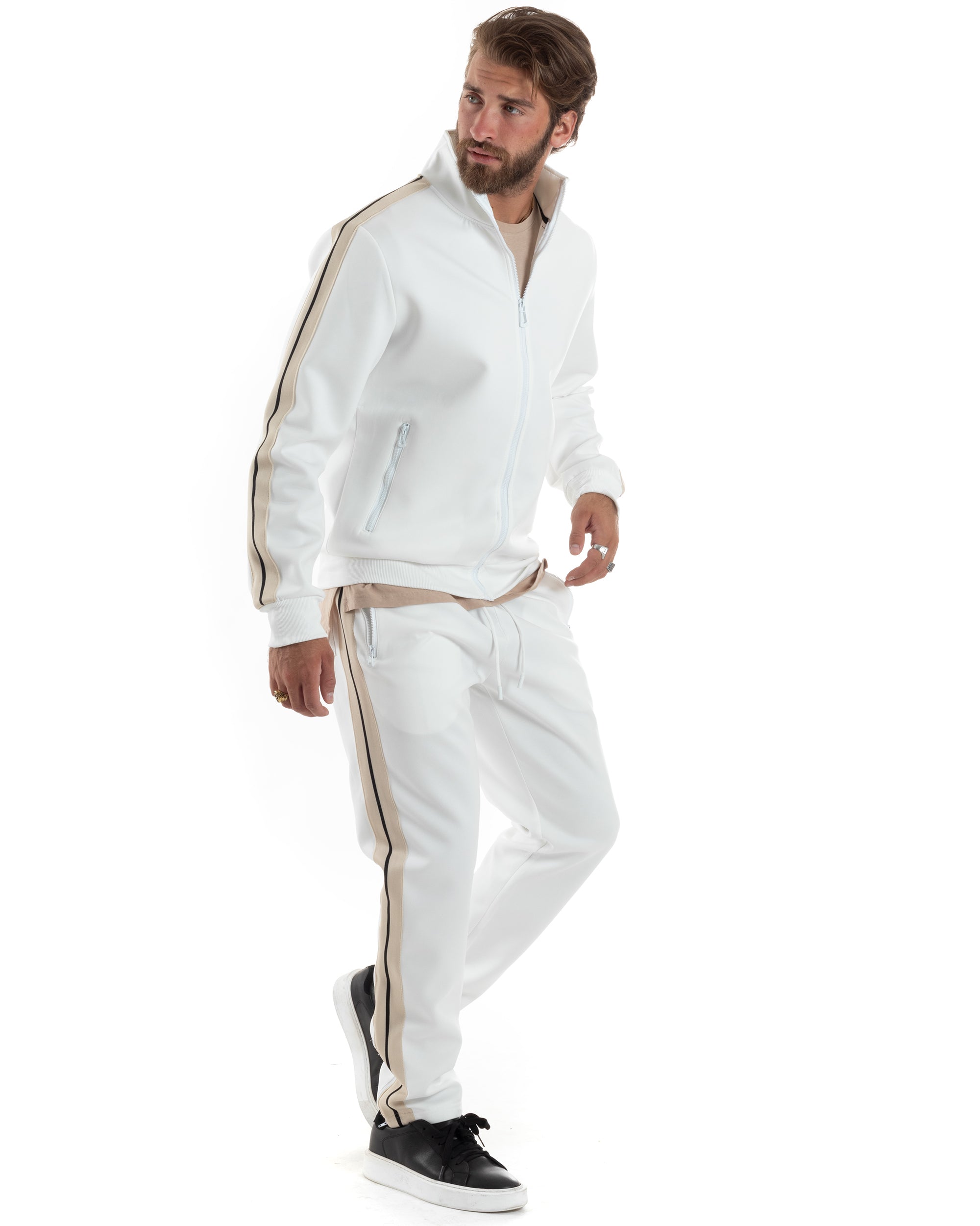 Completo Tuta Uomo Con Bande Laterali Tracksuit Caldo Cotone Felpa Con Zip Pantaloni Con Coulisse Fondo Largo Bicolore Bianco GIOSAL-OU2475A