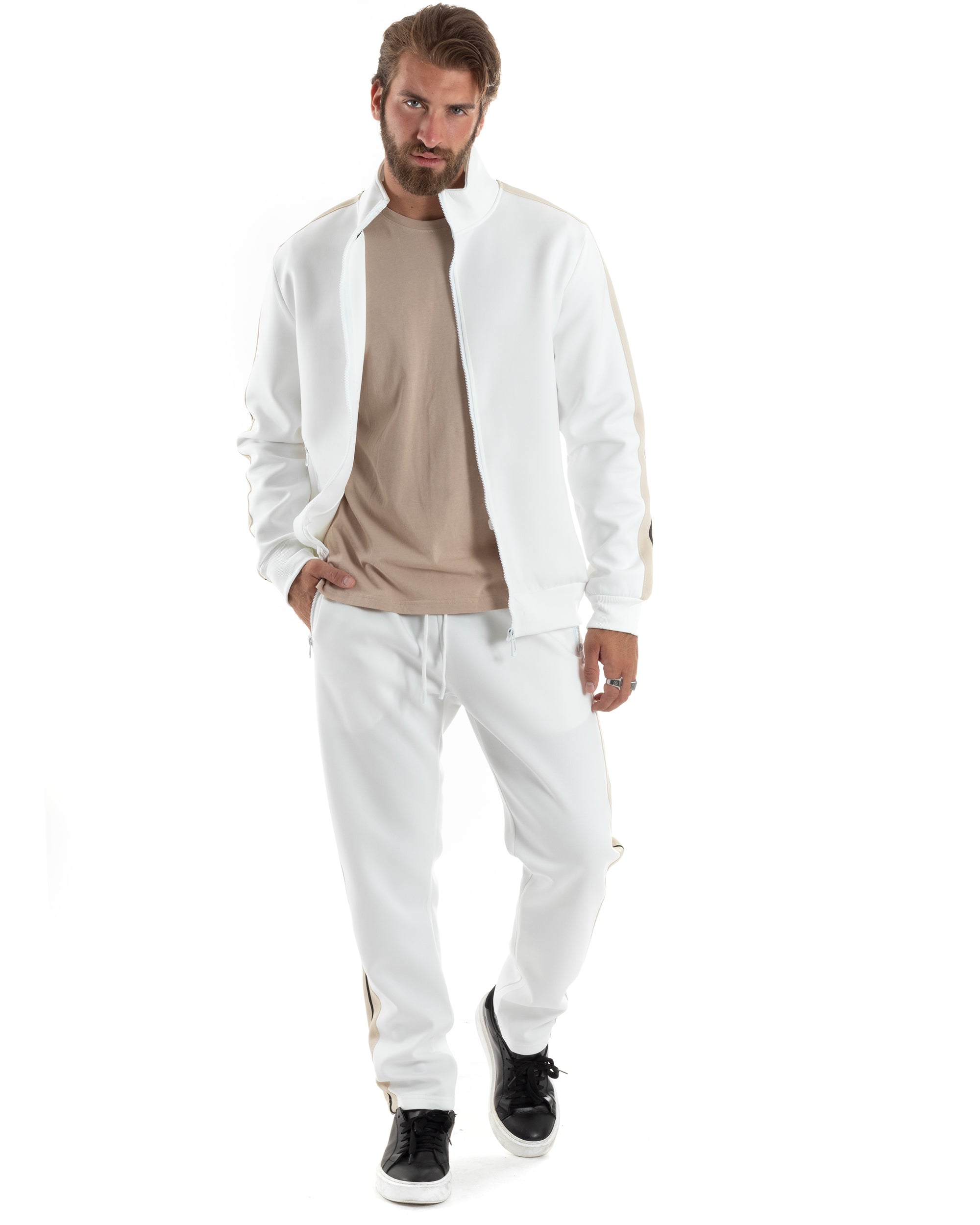 Completo Tuta Uomo Con Bande Laterali Tracksuit Caldo Cotone Felpa Con Zip Pantaloni Con Coulisse Fondo Largo Bicolore Bianco GIOSAL-OU2475A