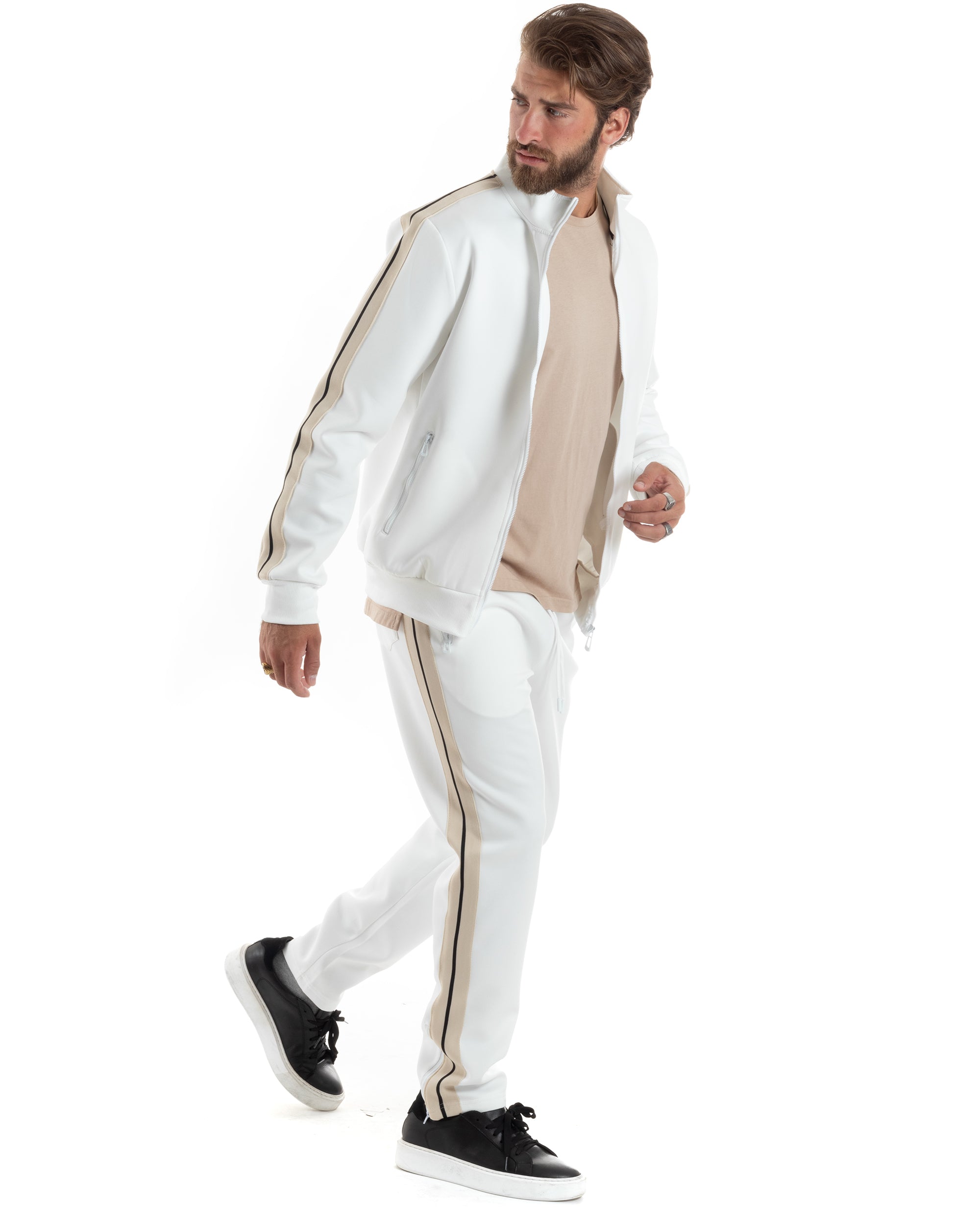 Completo Tuta Uomo Con Bande Laterali Tracksuit Caldo Cotone Felpa Con Zip Pantaloni Con Coulisse Fondo Largo Bicolore Bianco GIOSAL-OU2475A