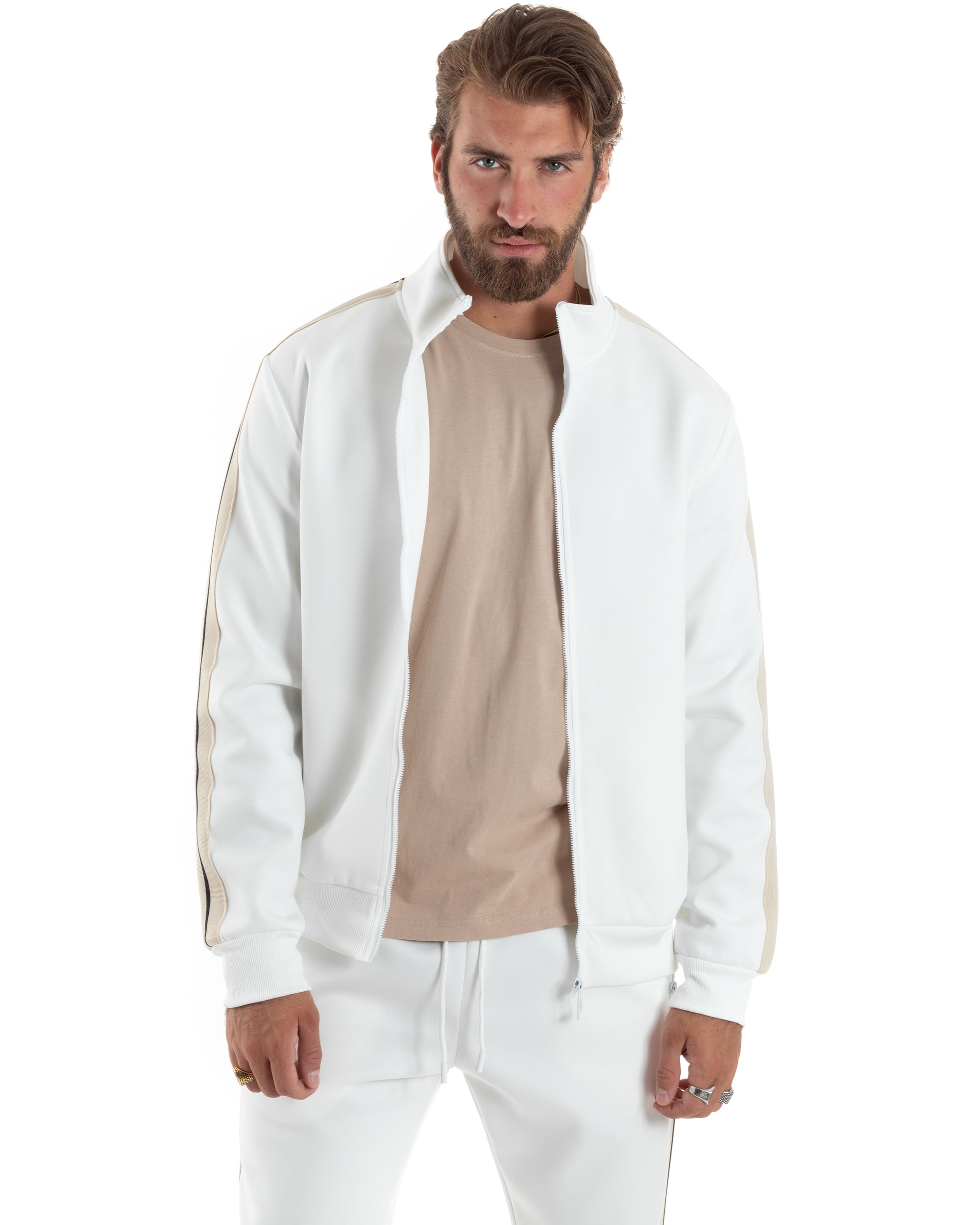 Completo Tuta Uomo Con Bande Laterali Tracksuit Caldo Cotone Felpa Con Zip Pantaloni Con Coulisse Fondo Largo Bicolore Bianco GIOSAL-OU2475A