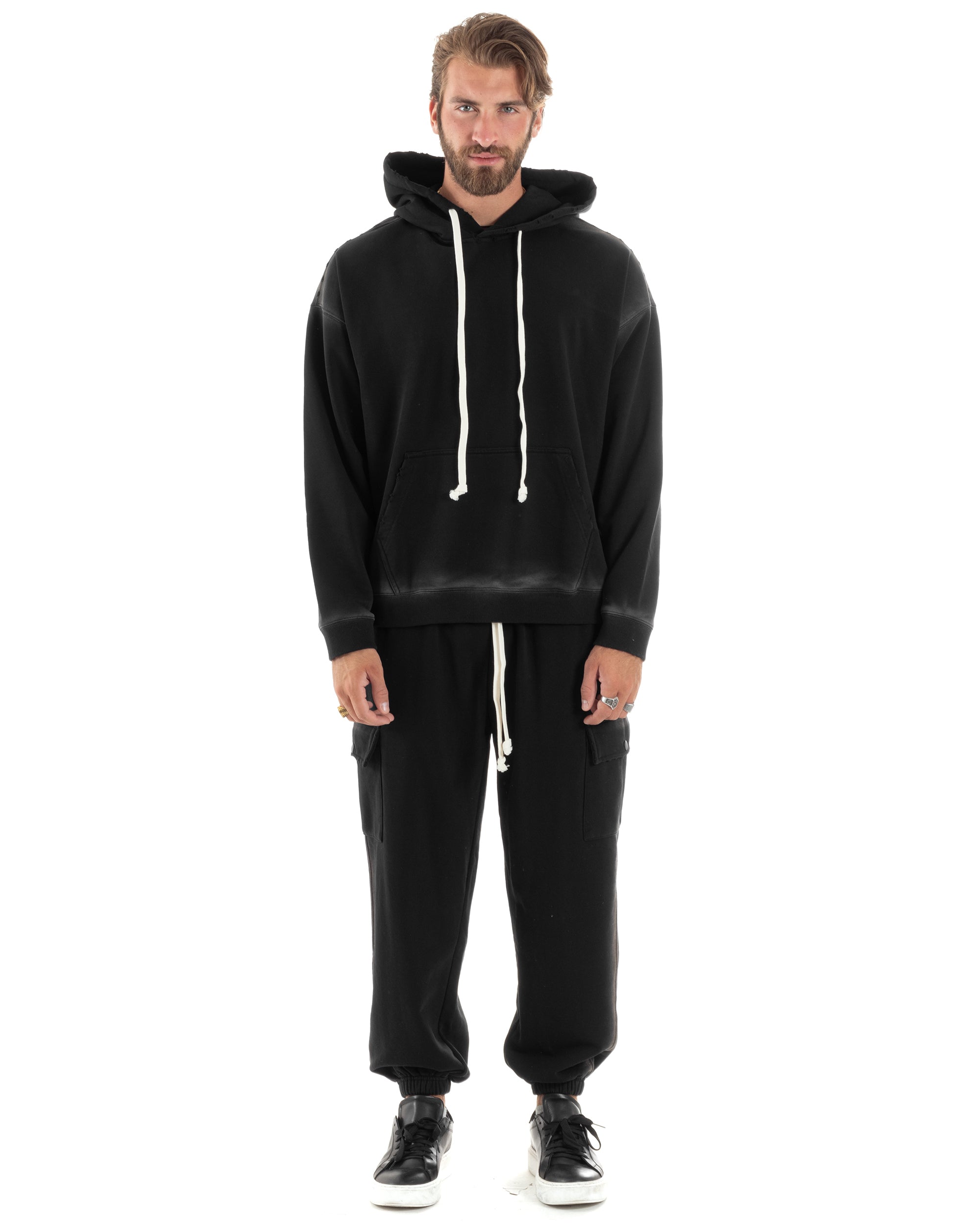 Completo Tuta Uomo Slavato Caldo Cotone Tracksuit Con Rotture Felpa Con Cappuccio Pantaloni Con Tasconi Cargo Nero GIOSAL-OU2476A