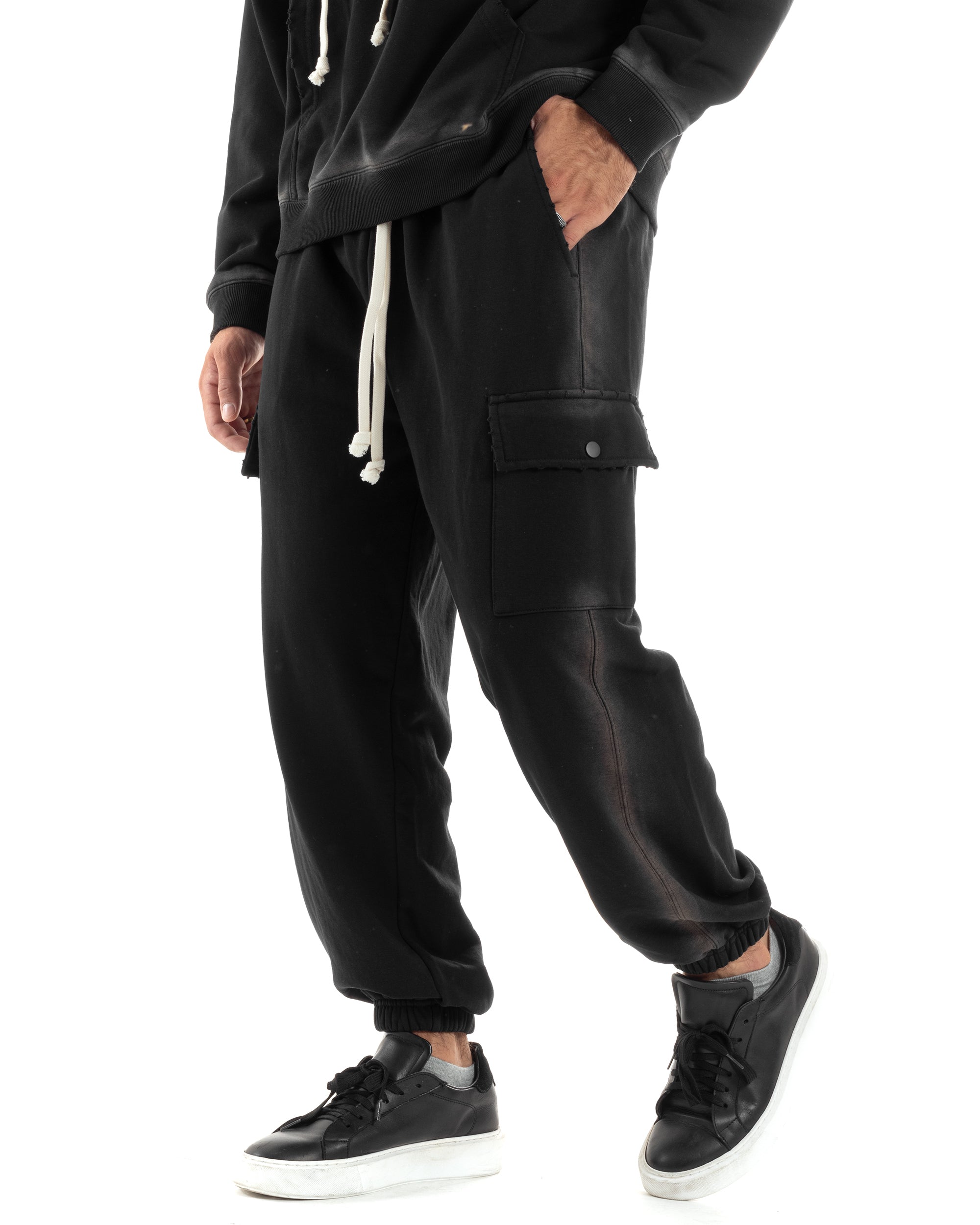 Completo Tuta Uomo Slavato Caldo Cotone Tracksuit Con Rotture Felpa Con Cappuccio Pantaloni Con Tasconi Cargo Nero GIOSAL-OU2476A