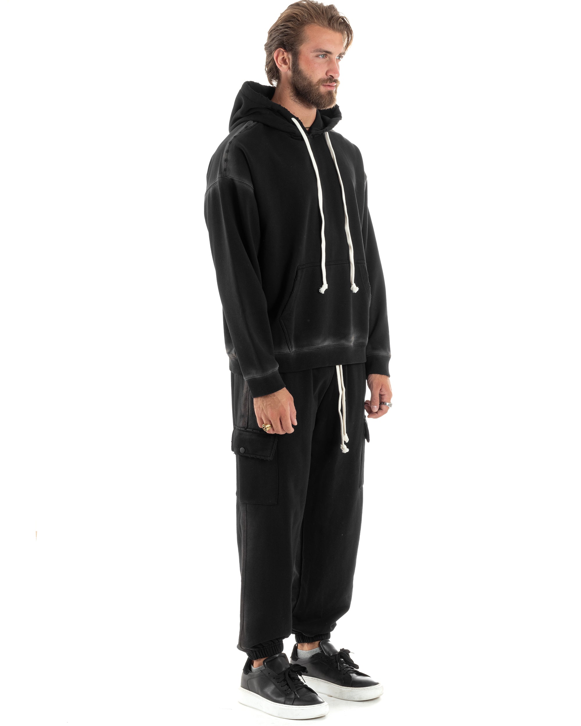 Completo Tuta Uomo Slavato Caldo Cotone Tracksuit Con Rotture Felpa Con Cappuccio Pantaloni Con Tasconi Cargo Nero GIOSAL-OU2476A