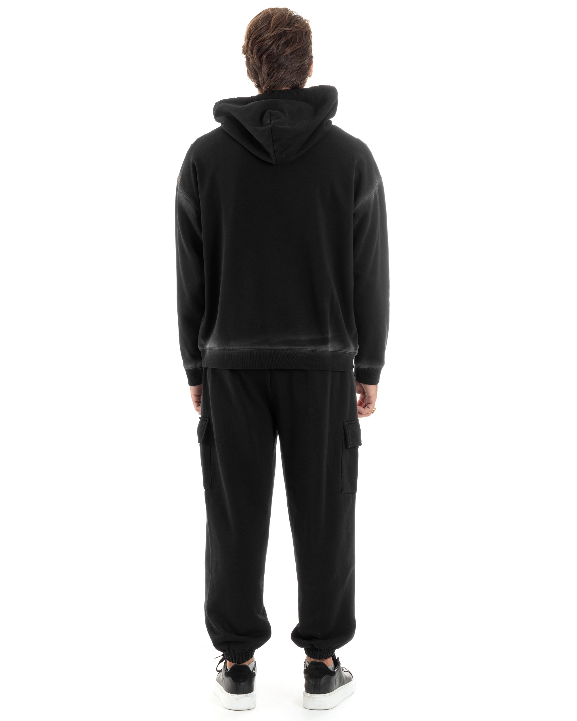 Completo Tuta Uomo Slavato Caldo Cotone Tracksuit Con Rotture Felpa Con Cappuccio Pantaloni Con Tasconi Cargo Nero GIOSAL-OU2476A