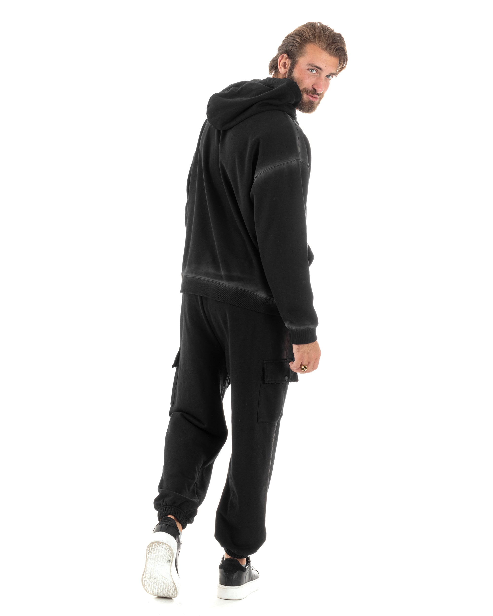 Completo Tuta Uomo Slavato Caldo Cotone Tracksuit Con Rotture Felpa Con Cappuccio Pantaloni Con Tasconi Cargo Nero GIOSAL-OU2476A