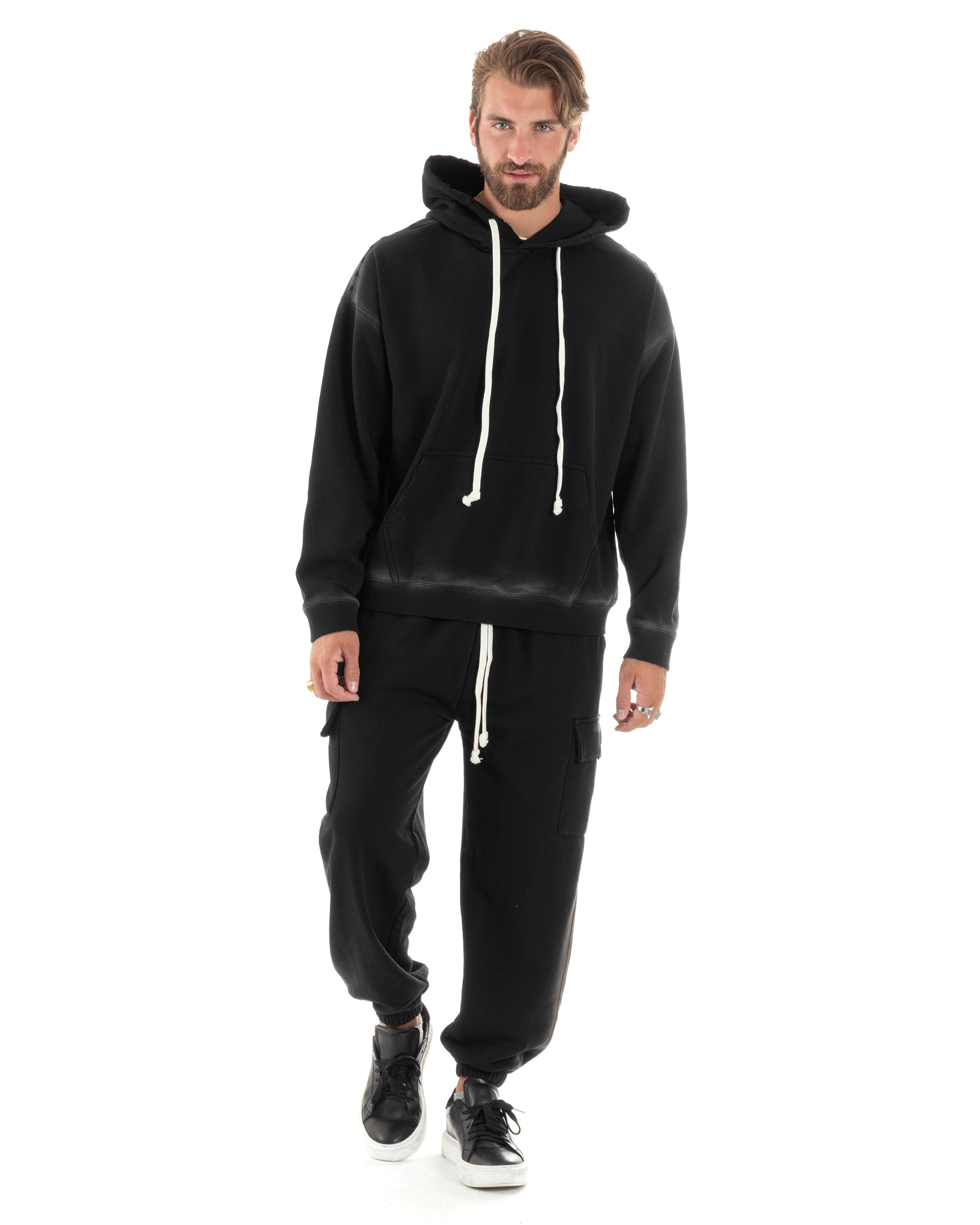 Completo Tuta Uomo Slavato Caldo Cotone Tracksuit Con Rotture Felpa Con Cappuccio Pantaloni Con Tasconi Cargo Nero GIOSAL-OU2476A