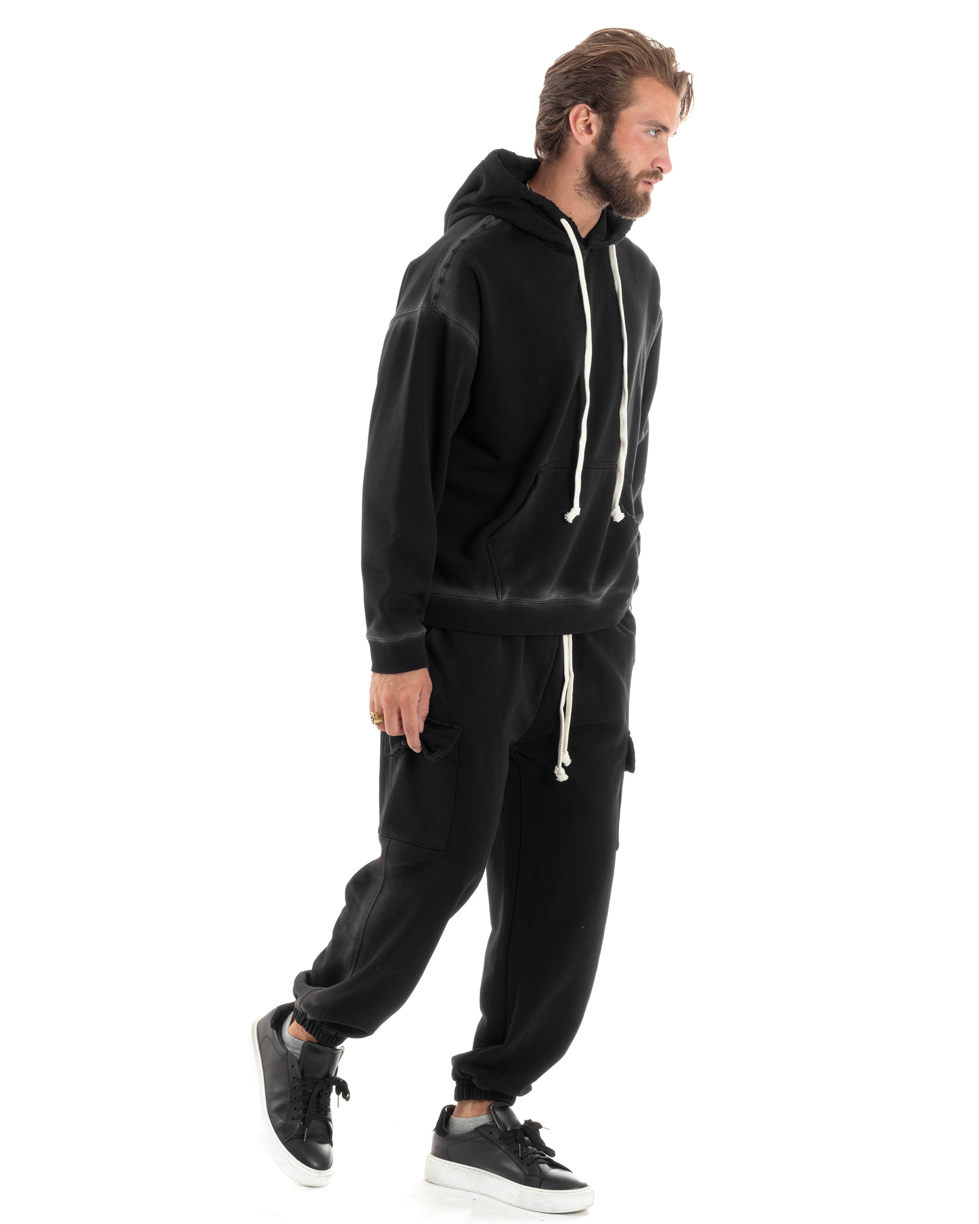 Completo Tuta Uomo Slavato Caldo Cotone Tracksuit Con Rotture Felpa Con Cappuccio Pantaloni Con Tasconi Cargo Nero GIOSAL-OU2476A