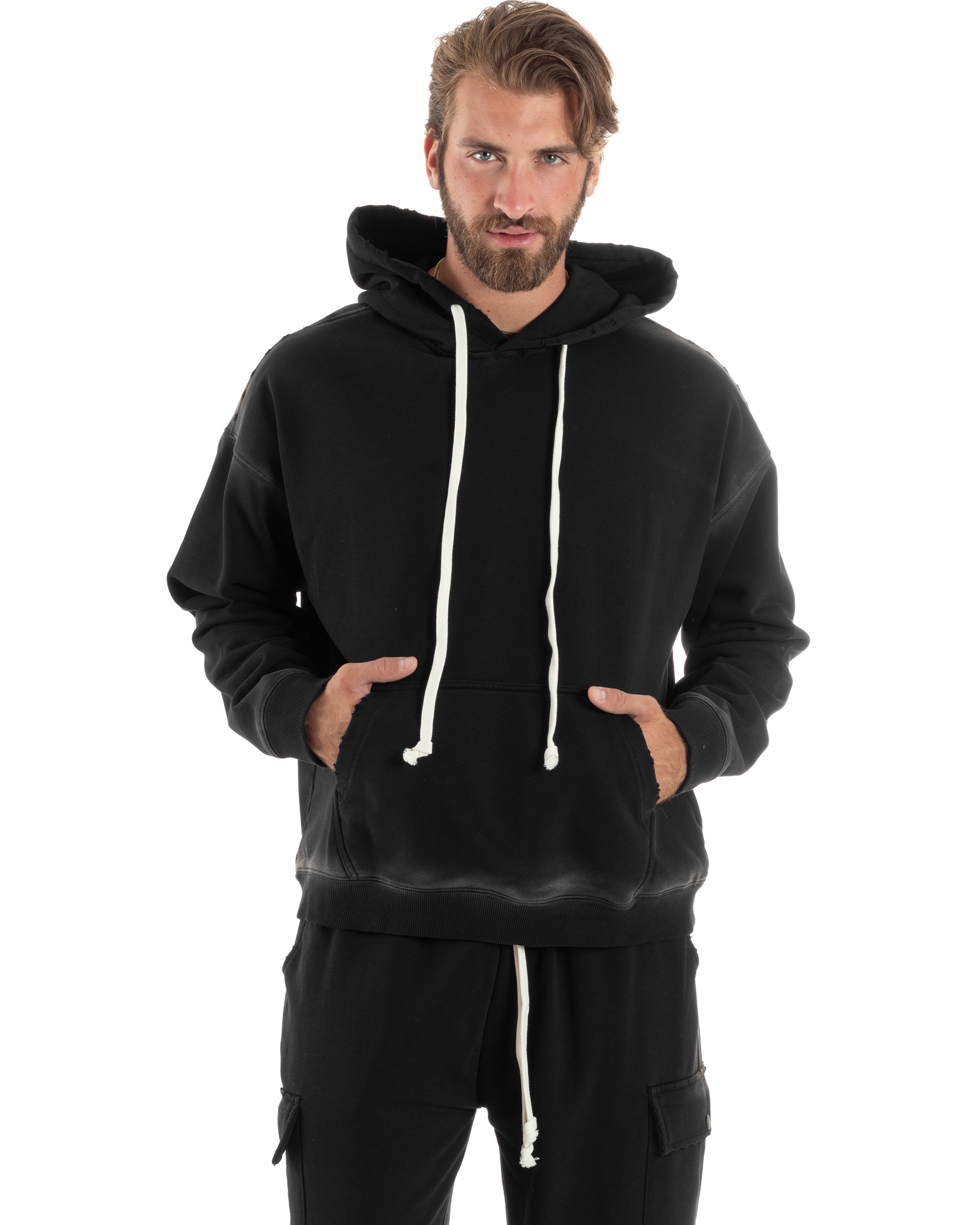 Completo Tuta Uomo Slavato Caldo Cotone Tracksuit Con Rotture Felpa Con Cappuccio Pantaloni Con Tasconi Cargo Nero GIOSAL-OU2476A