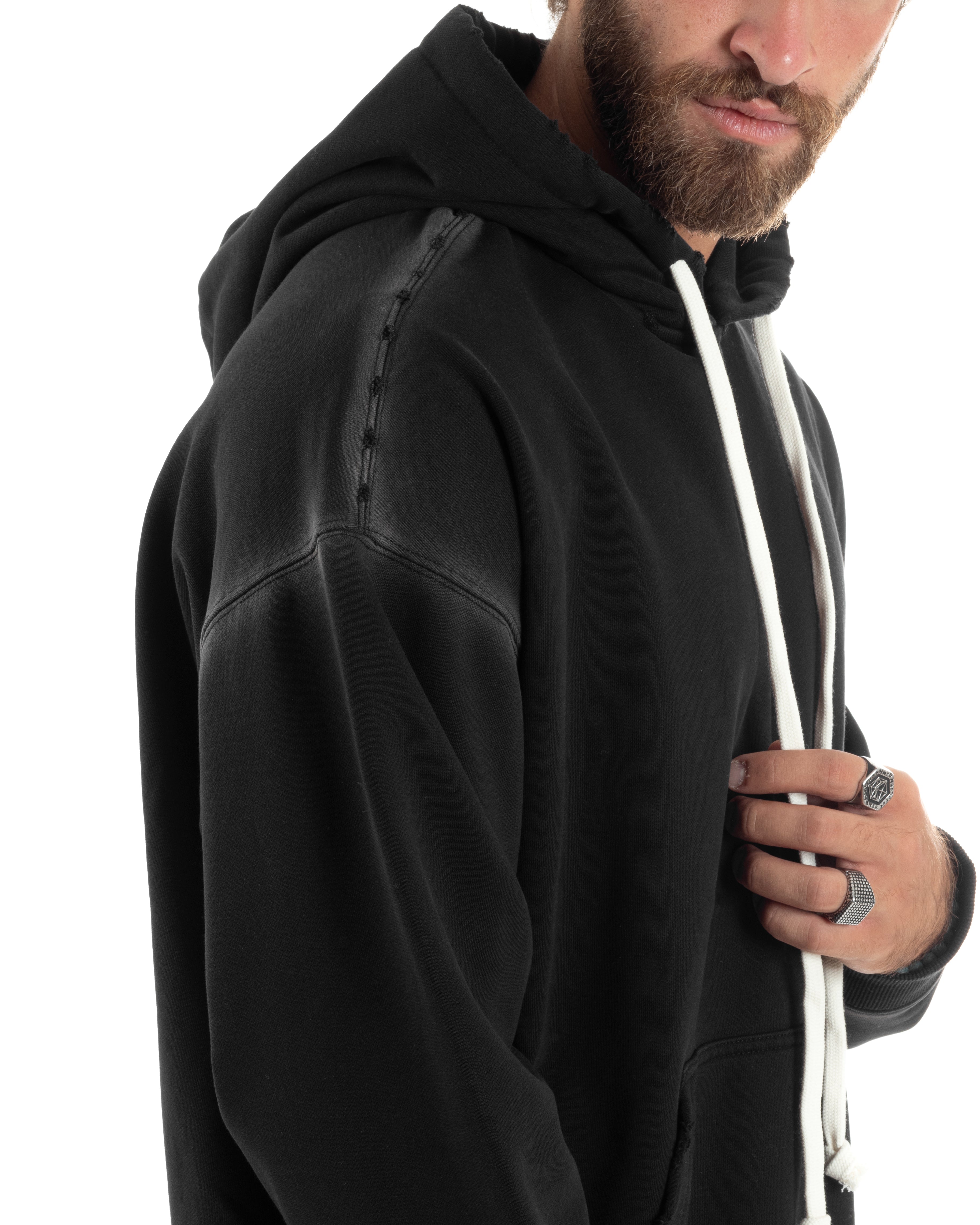 Completo Tuta Uomo Slavato Caldo Cotone Tracksuit Con Rotture Felpa Con Cappuccio Pantaloni Con Tasconi Cargo Nero GIOSAL-OU2476A