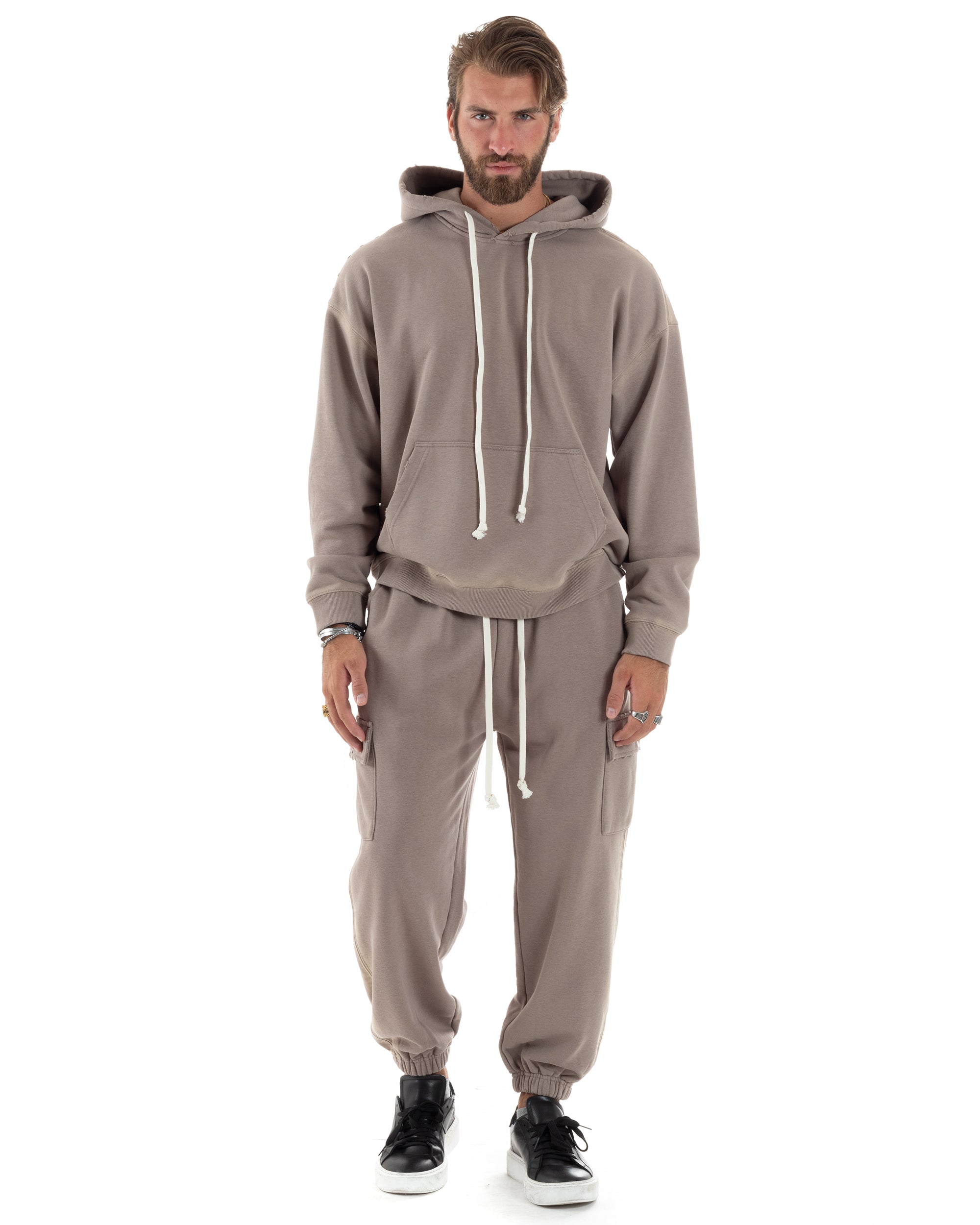 Completo Tuta Uomo Slavato Caldo Cotone Tracksuit Con Rotture Felpa Con Cappuccio Pantaloni Con Tasconi Cargo Fango GIOSAL-OU2477A